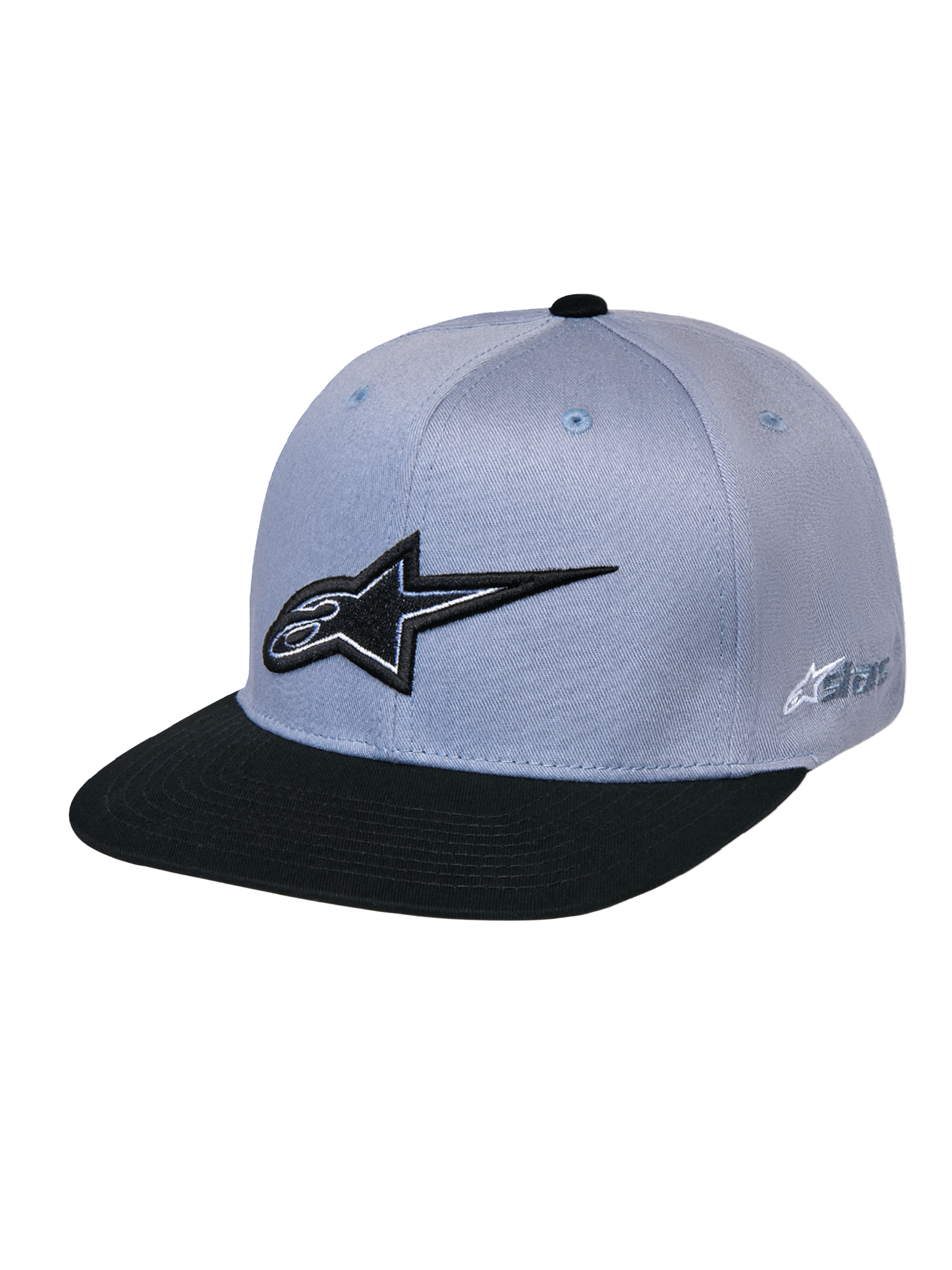 Alpinestars Thickness Snapback Kappe, Grau und Schwarz, mit strukturierter Krone und flachem Schirm, schwarzes 3D-gesticktes Astars-Logo auf der Vorderseite, seitliches Logo-Branding, lässige vom Motorsport inspirierte Kopfbedeckung