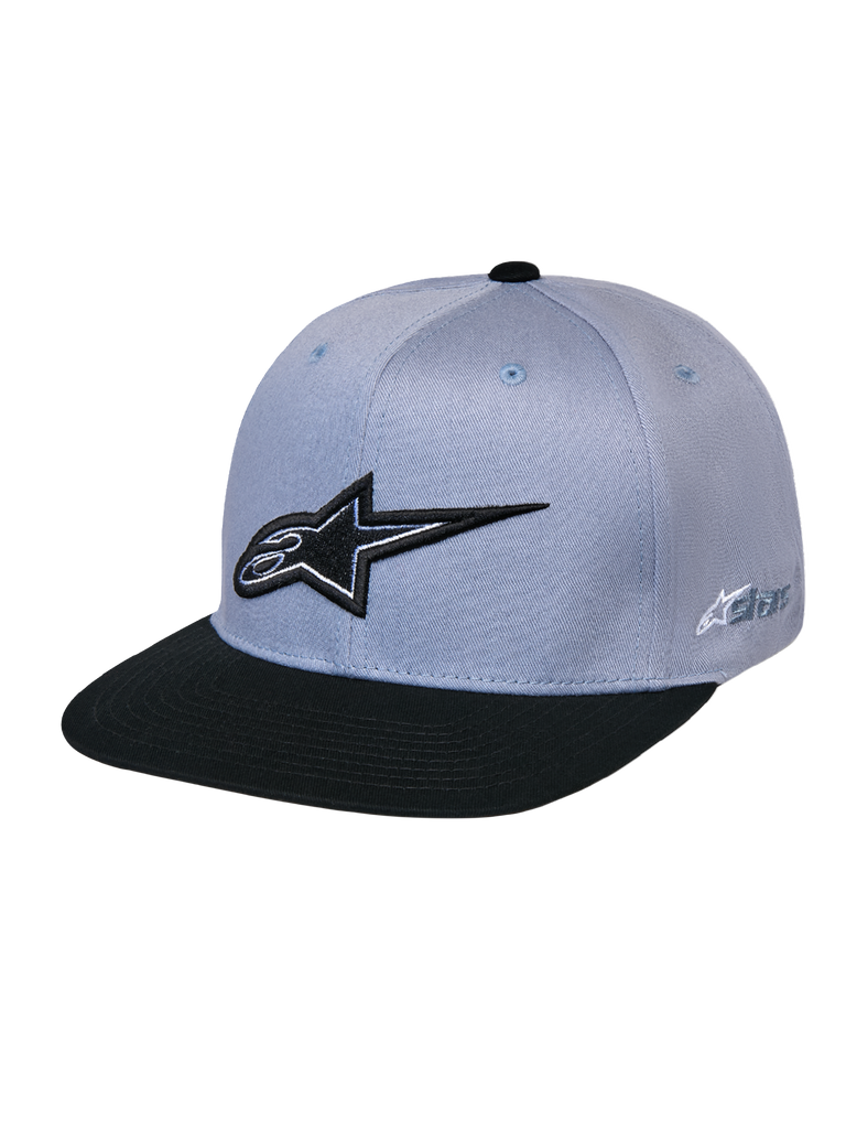 Alpinestars Thickness Snapback Kappe, Grau und Schwarz, mit strukturierter Krone und flachem Schirm, schwarzes 3D-gesticktes Astars-Logo auf der Vorderseite, seitliches Logo-Branding, lässige vom Motorsport inspirierte Kopfbedeckung