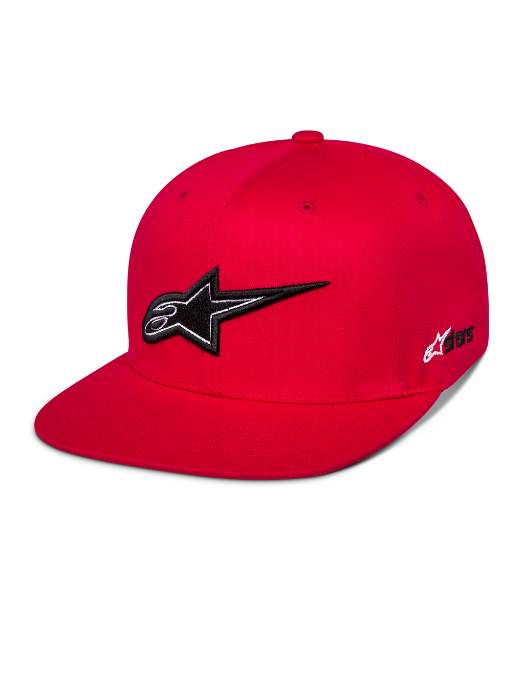 Alpinestars Thickness Snapback Mütze, rote Baseball-Kappe mit flachem Schirm, markante schwarz-weiße 3D-Astars-Logo-Stickerei, strukturierte Krone mit passenden roten Belüftungsösen, lässige Motorsport-Streetwear