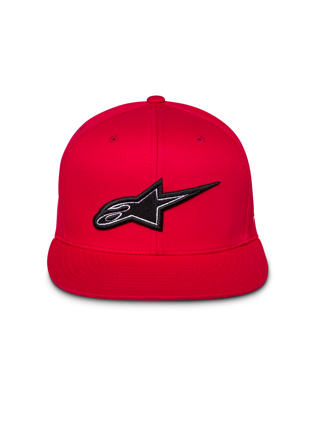 Alpinestars Thickness Snapback-Mütze, Rot, Vorderansicht mit 3D-gesticktem schwarz-weißem Astars-Logo, flacher Schirm, strukturierte Krone, lässige Streetwear