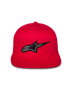 Alpinestars Thickness Snapback-Mütze, Rot, Vorderansicht mit 3D-gesticktem schwarz-weißem Astars-Logo, flacher Schirm, strukturierte Krone, lässige Streetwear