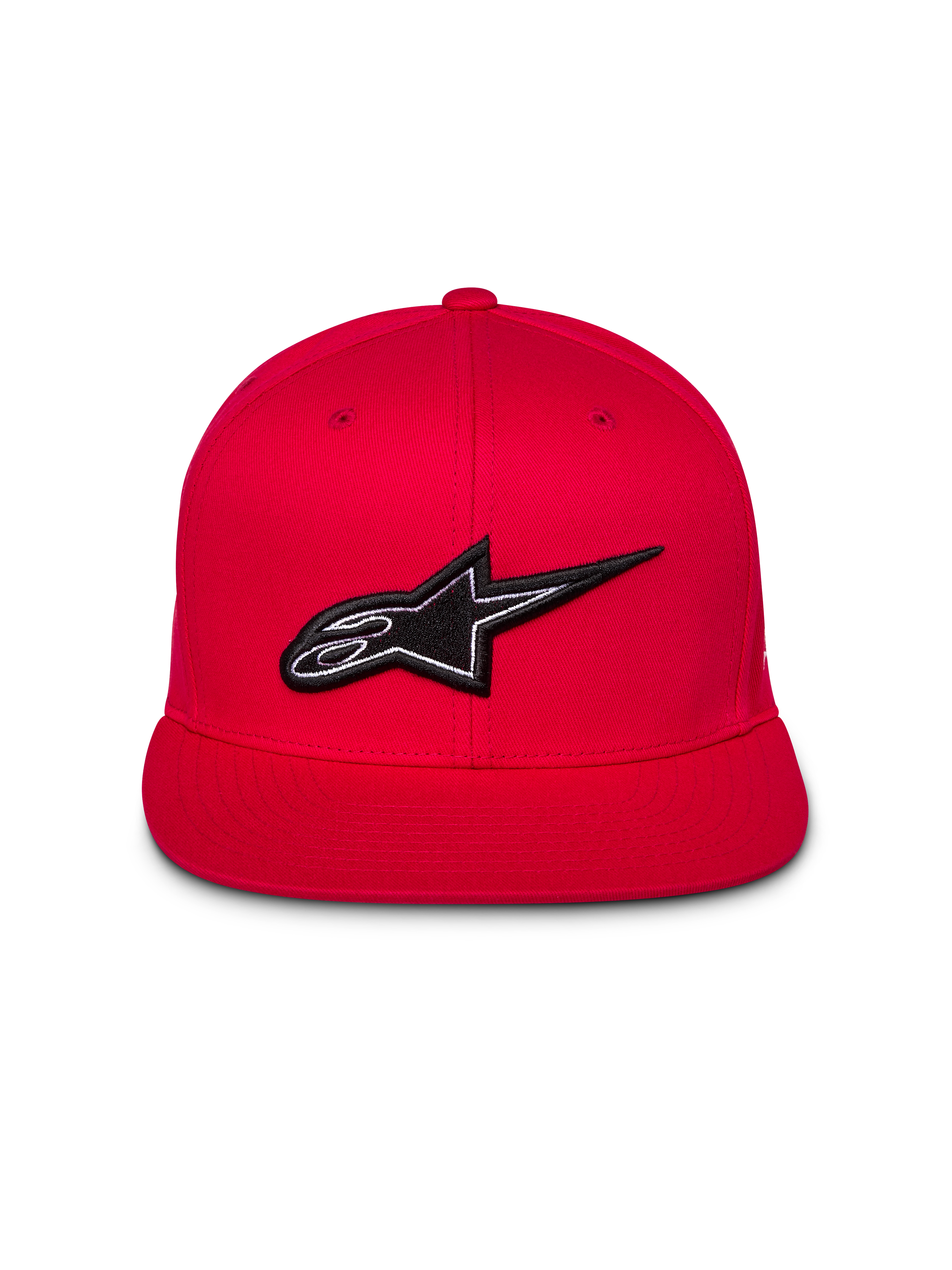 Alpinestars Thickness Snapback-Mütze, Rot, Vorderansicht mit 3D-gesticktem schwarz-weißem Astars-Logo, flacher Schirm, strukturierte Krone, lässige Streetwear