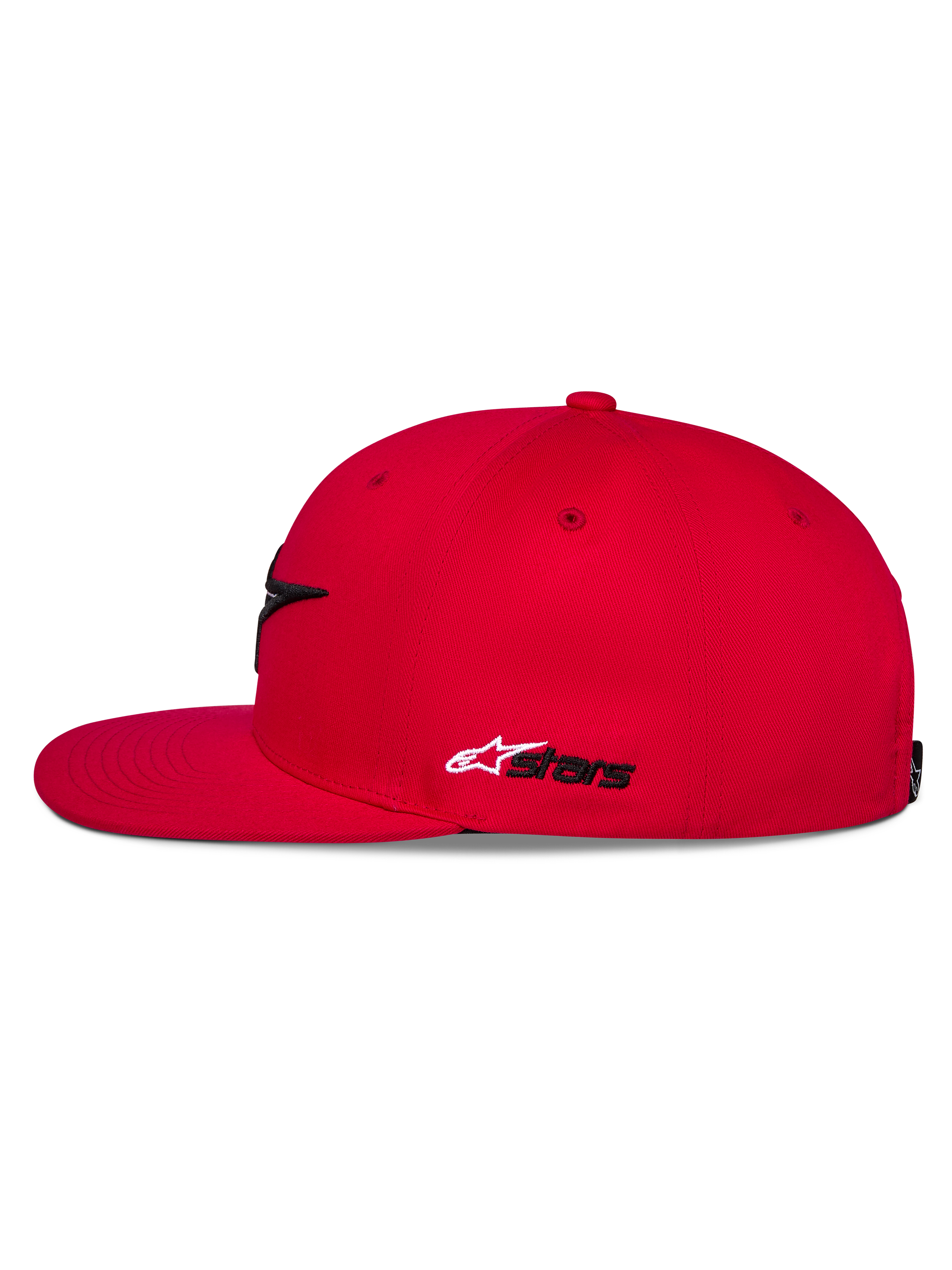 Alpinestars Thickness Snapback Cap, Rot, Seitenansicht, flacher Schirm und strukturierte Krone, weiß-schwarze Astars-Stickerei an der Seite, lässige, vom Motorsport inspirierte Kopfbedeckung