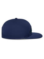 Alpinestars Thickness Snapback Hat, Navy Blue cap, side profile view, structured crown with flat bill, cotton twill fabric, embroidered logo detail on the front, casual motorsport headwear