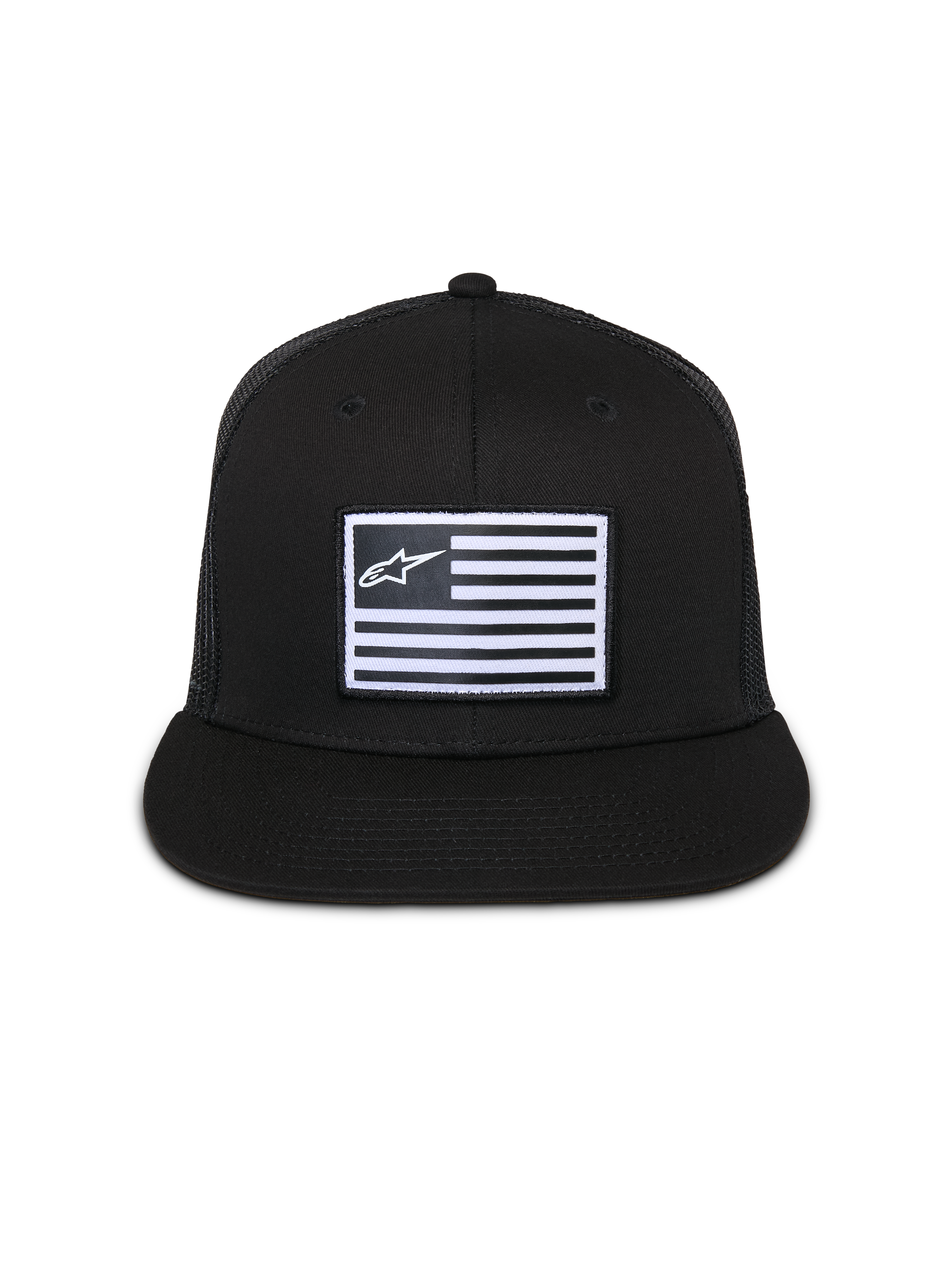 Alpinestars Flag Flat Trucker Hat, Schwarz, Cap mit flachem Schirm und strukturierter Krone, zentraler rechteckiger Patch mit weißer Flagge und Alpinestars-Logo, Mesh-Rückseite, lässige, vom Motorsport inspirierte Streetwear