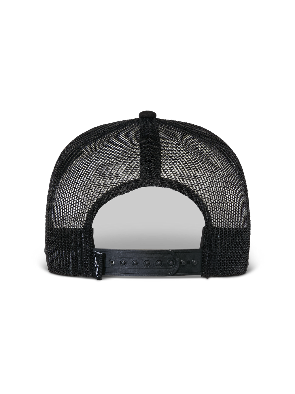 Alpinestars Flag Flat Trucker Mütze, Schwarz, Rückansicht mit atmungsaktiver Poly-Mesh-Konstruktion, verstellbarem Snapback-Verschluss und kleinem gewebtem Logo-Detail, lässige Motorsport-Kopfbedeckung