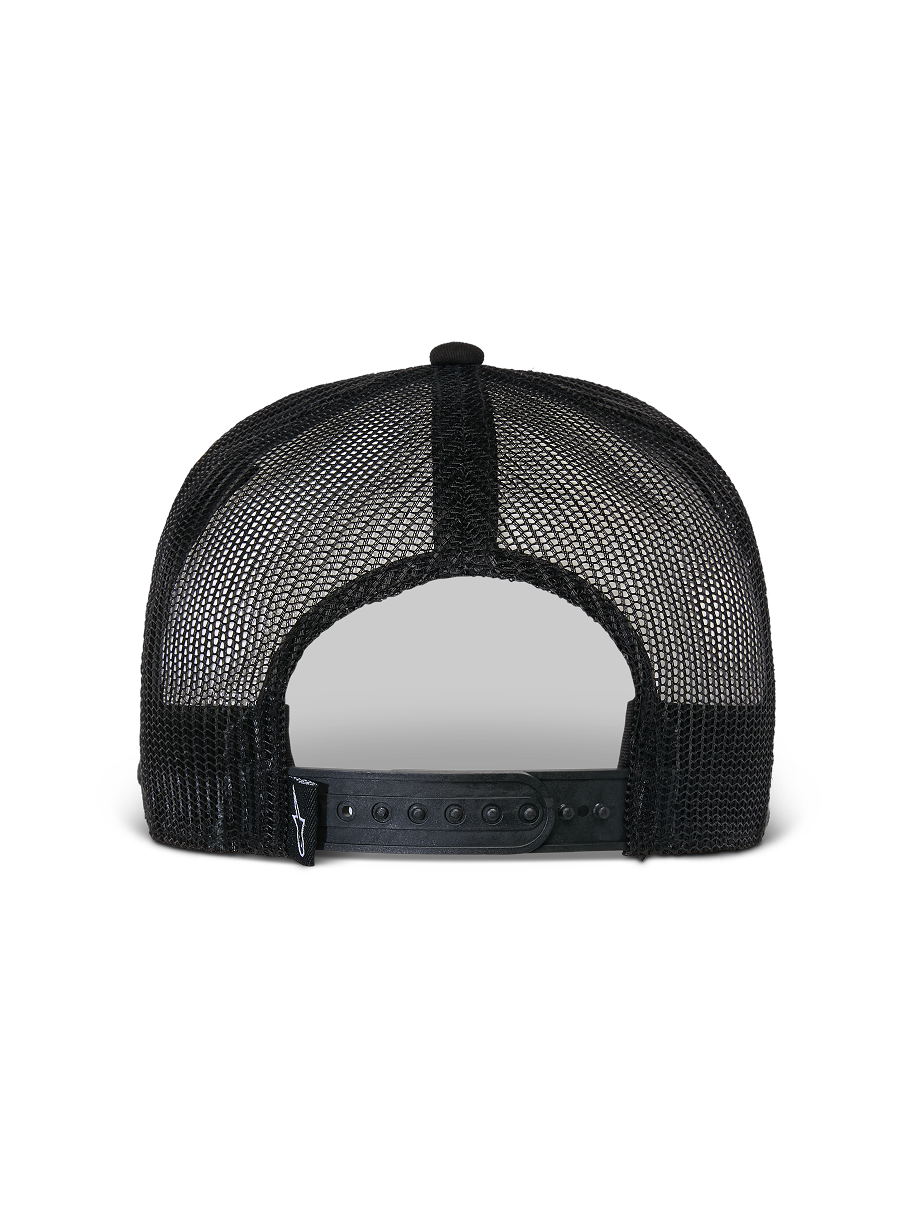 Alpinestars Flag Flat Trucker Mütze, Schwarz, Rückansicht mit atmungsaktiver Poly-Mesh-Konstruktion, verstellbarem Snapback-Verschluss und kleinem gewebtem Logo-Detail, lässige Motorsport-Kopfbedeckung
