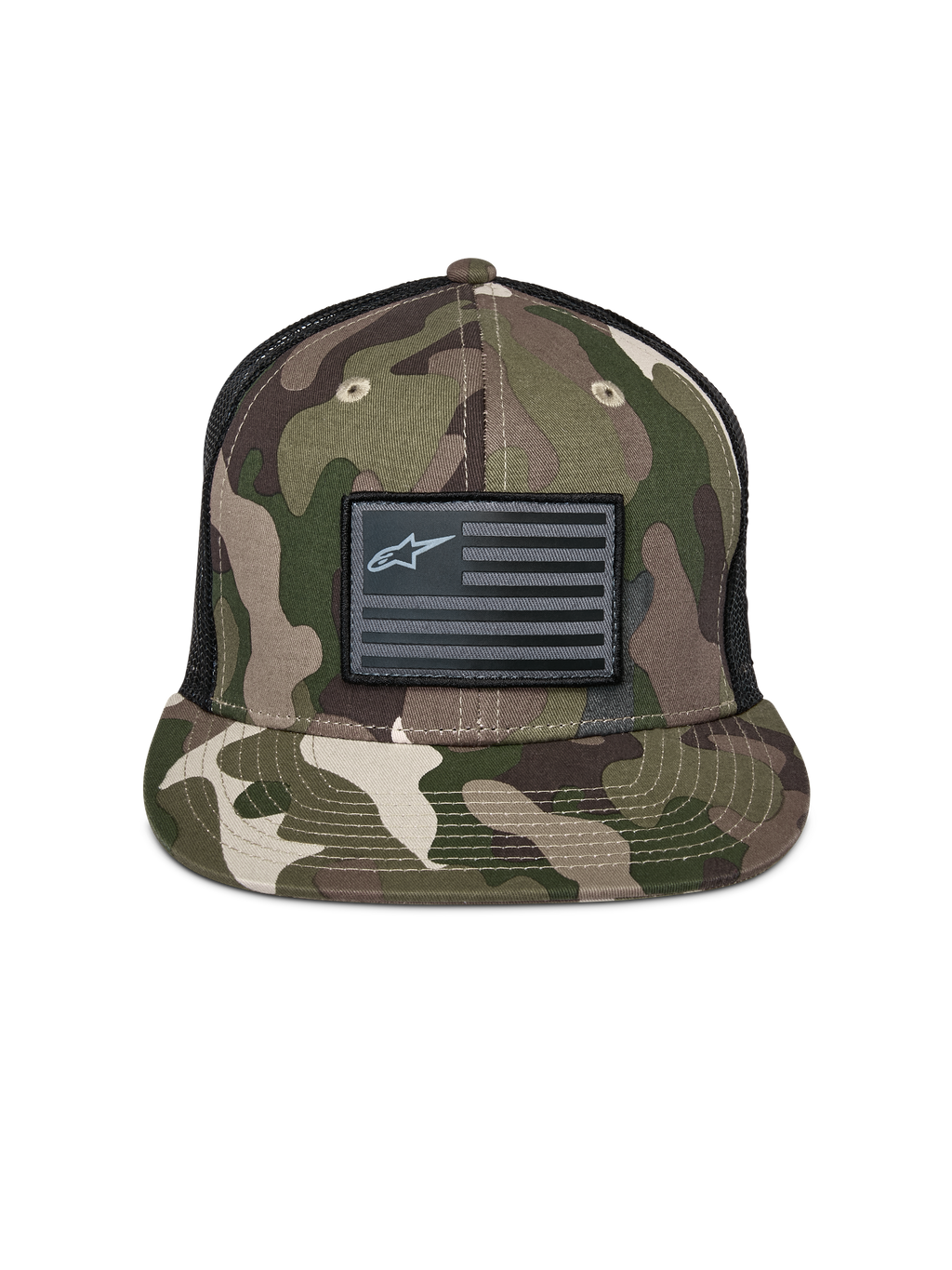Alpinestars Flag Flat Trucker Mütze, Grün-Camo und Schwarz, flacher Schirm mit strukturierter Krone, schwarzer Flaggen-Patch mit Alpinestars-Logo, Mesh-Rückseite, lässige, vom Motorsport inspirierte Kopfbedeckung