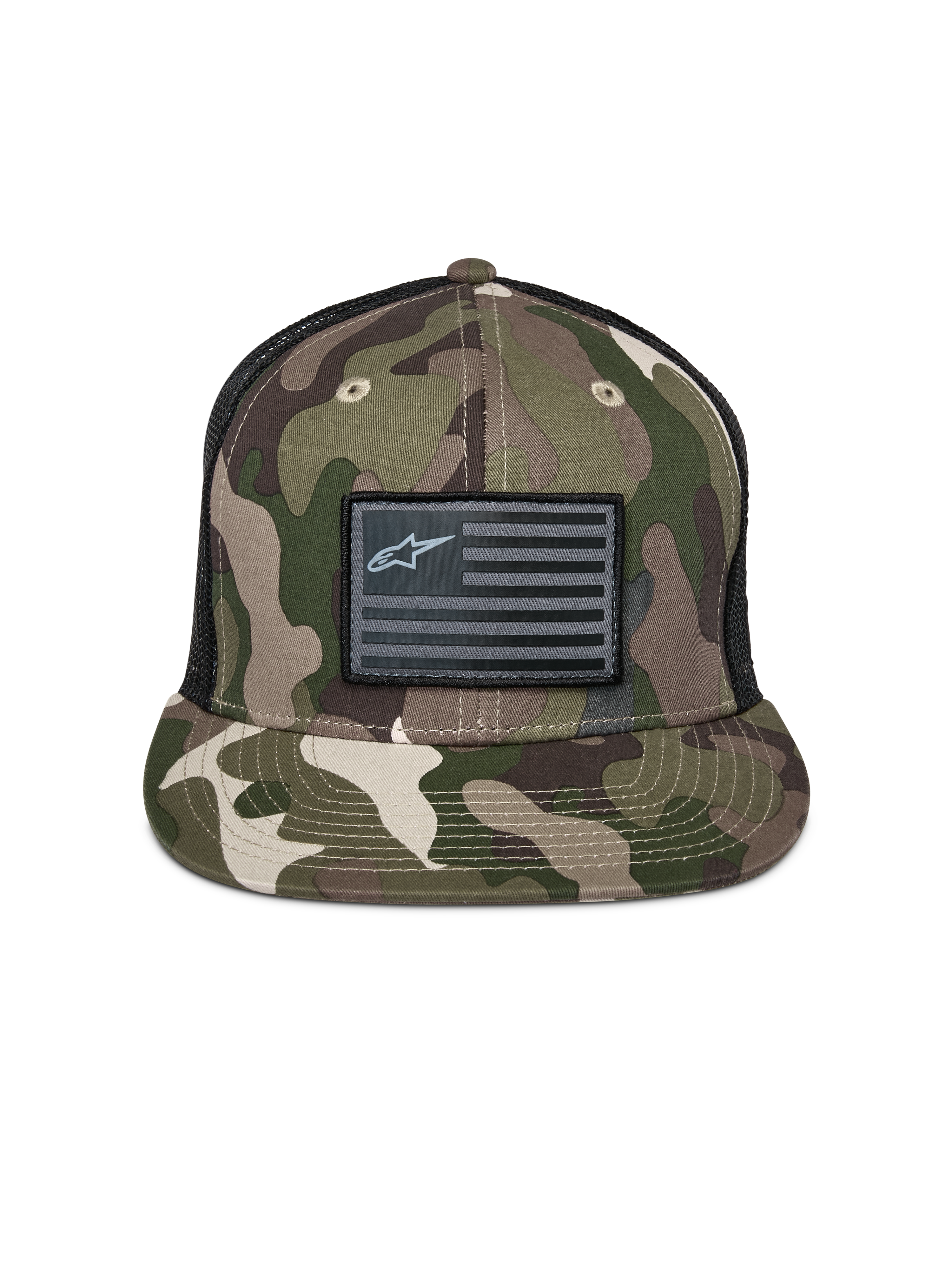 Alpinestars Flag Flat Trucker Mütze, Grün-Camo und Schwarz, flacher Schirm mit strukturierter Krone, schwarzer Flaggen-Patch mit Alpinestars-Logo, Mesh-Rückseite, lässige, vom Motorsport inspirierte Kopfbedeckung