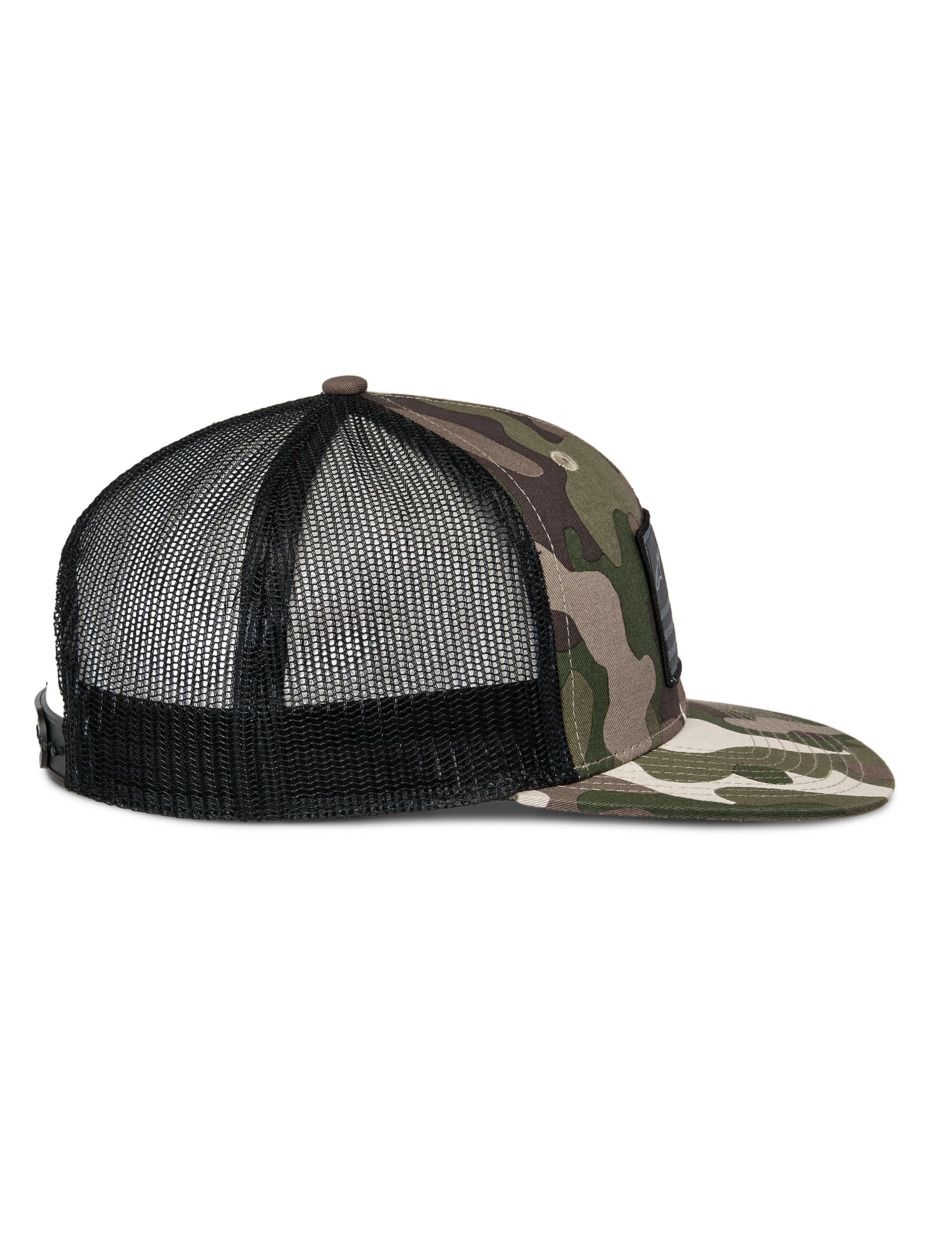 Alpinestars Flag Flat Trucker-Mütze, Grünes Camouflage und Schwarz, Seitenprofil mit flachem Camouflage-Schirm, strukturierter Front und atmungsaktiver schwarzer Mesh-Rückseite, Snapback-Verschluss, lässige Motorsport-Kopfbedeckung