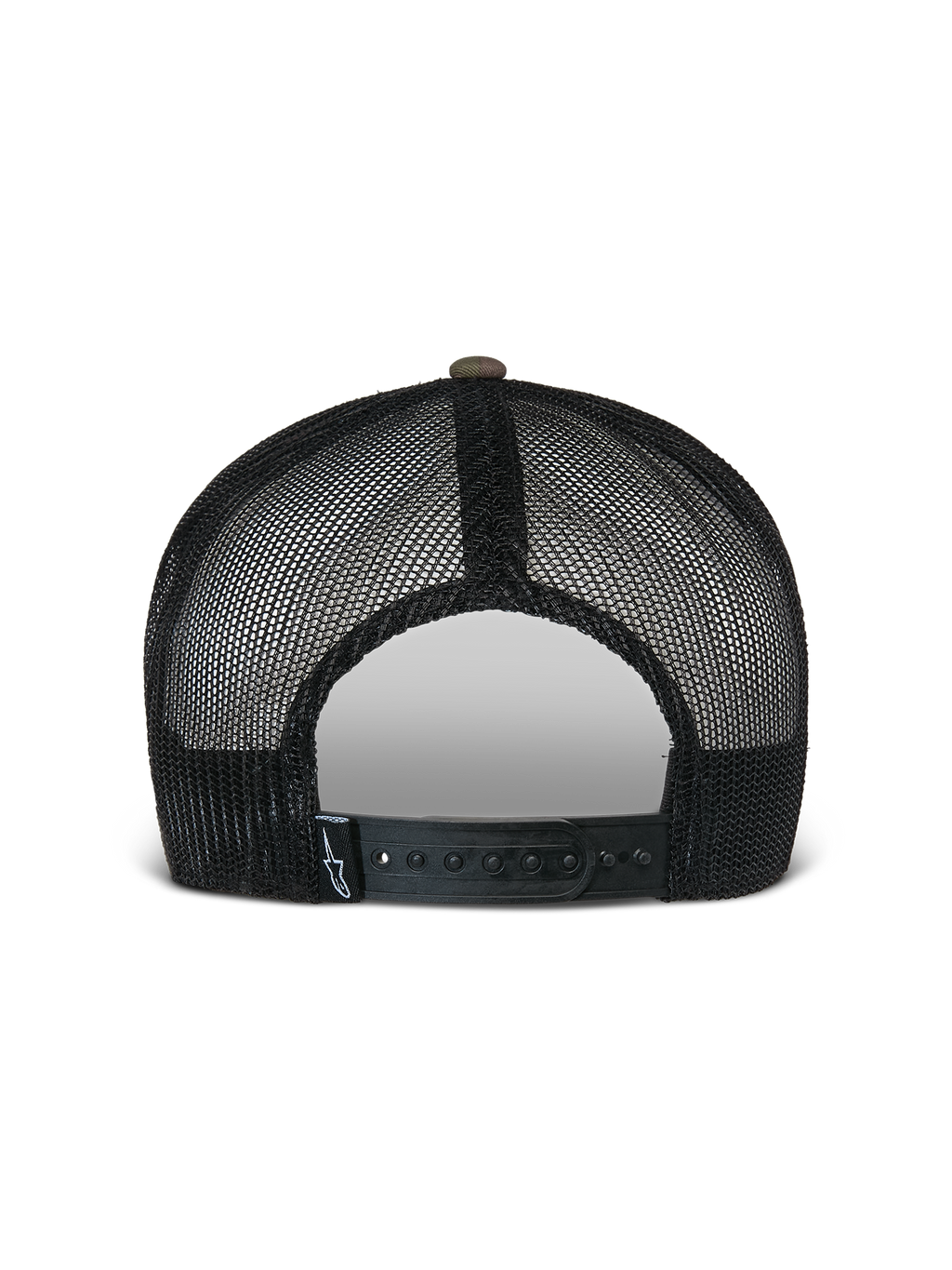Alpinestars Flag Flat Trucker Mütze, Grün-Camo und Schwarz, Rückansicht mit atmungsaktiven schwarzen Mesh-Einsätzen und verstellbarem Snapback-Verschluss mit kleinem Logo-Etikett, lässige vom Motorsport inspirierte Kopfbedeckung