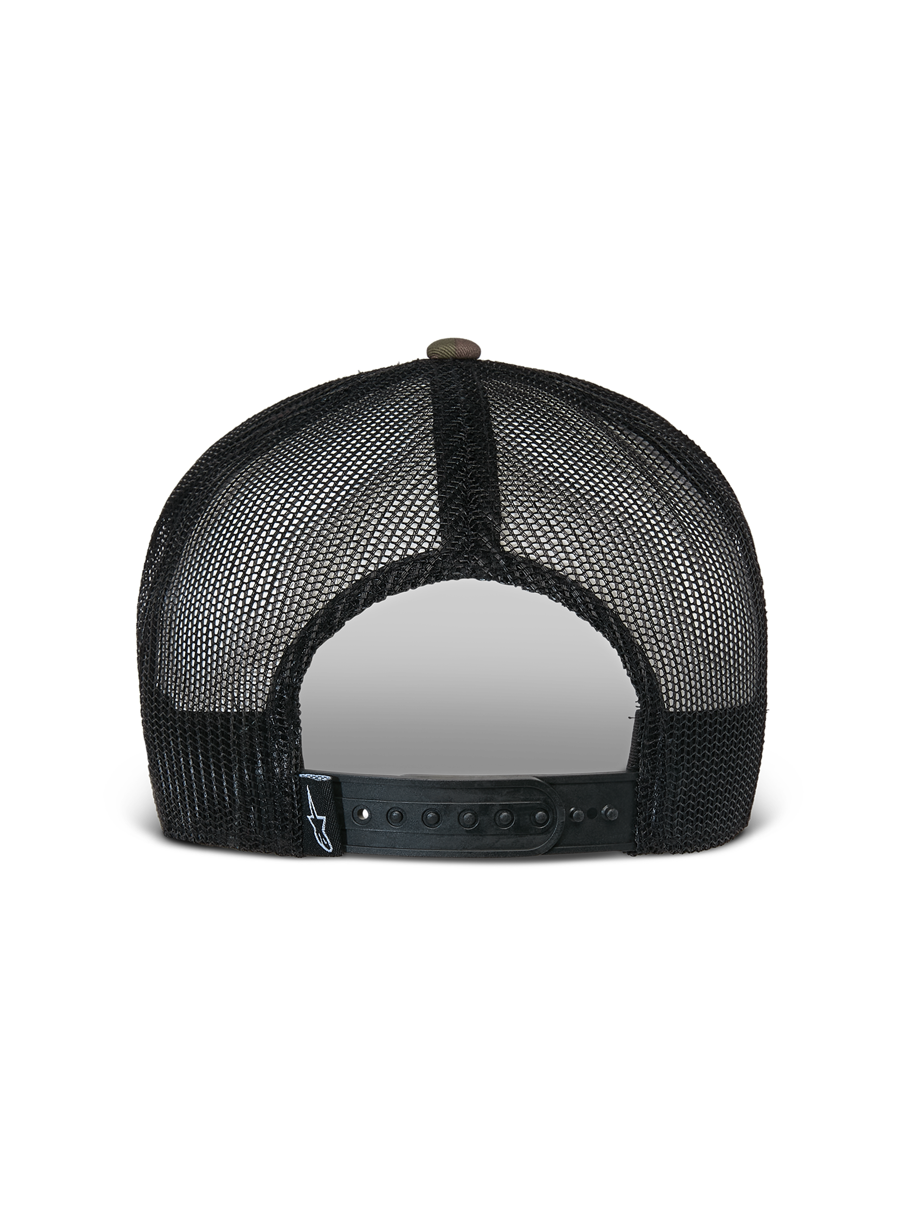 Alpinestars Flag Flat Trucker Mütze, Grün-Camo und Schwarz, Rückansicht mit atmungsaktiven schwarzen Mesh-Einsätzen und verstellbarem Snapback-Verschluss mit kleinem Logo-Etikett, lässige vom Motorsport inspirierte Kopfbedeckung