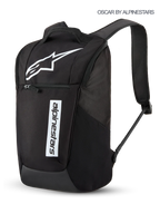 Alpinestars Defcon V3 Backpack, 13.6L Sportswear Daily Backpack in Black and White, featuring printed Astars logo and branding, front zippered pocket, and padded shoulder straps.