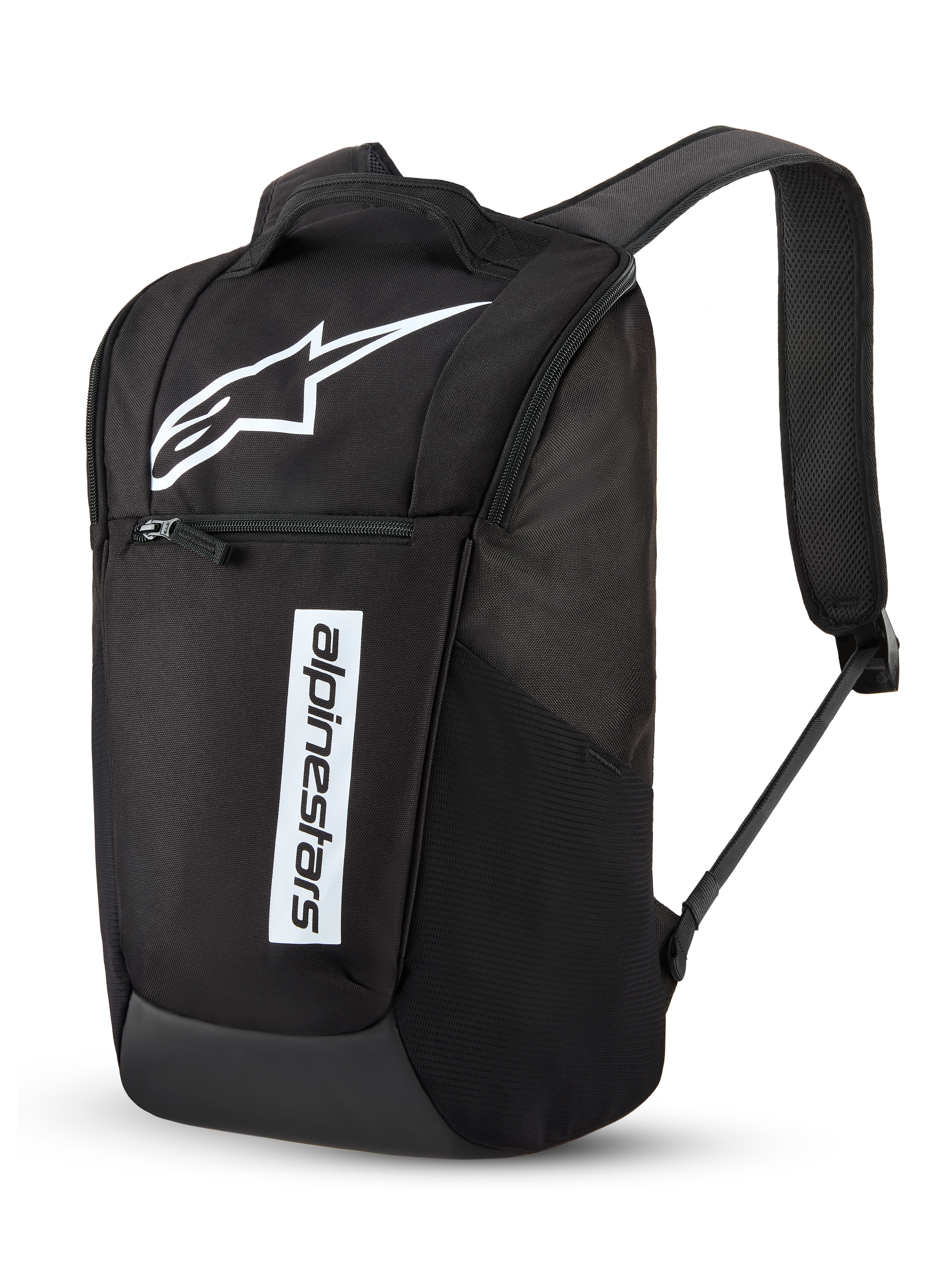 Alpinestars Defcon V3 Rucksack, Tagesrucksack, Schwarz und Weiß, mit großem weißem Astar-Logo und vertikaler Alpinestars-Wortmarke, vordere Reißverschlusstasche, gepolsterte Air-Mesh-Schultergurte, strapazierfähiges 600D Polyester, lässiges vom Motorsport inspiriertes Design