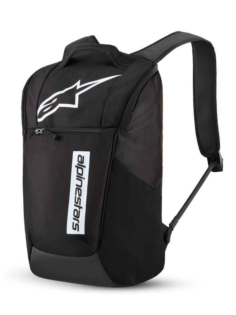 Alpinestars Defcon V3 Backpack, Daily Backpack, Black and White, featuring a large white Astar logo and vertical Alpinestars wordmark, front zippered pocket, padded air-mesh shoulder straps, durable 600D polyester, casual motorsport-inspired design