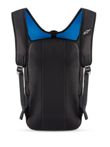 Alpinestars Defcon V3 Backpack, Rear View, Black with Blue Mesh, featuring padded back panel and air mesh shoulder straps, small white Alpinestars logo, durable everyday pack