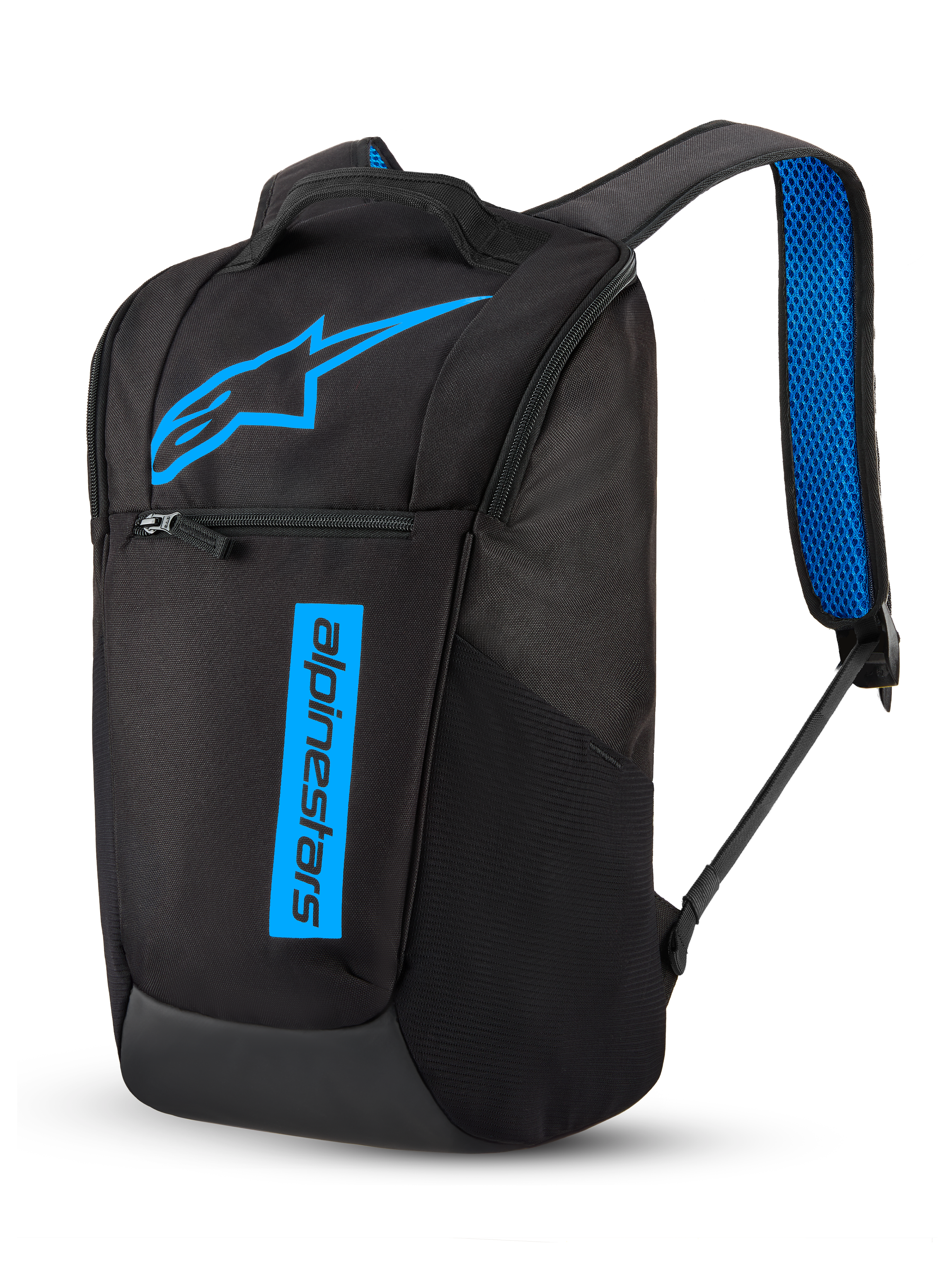 Alpinestars Defcon V3 Backpack, Sportswear and Commuter Daypack, Black and Blue, 13.6L capacity, durable 600D polyester construction, featuring printed branding and blue air mesh padded shoulder straps.