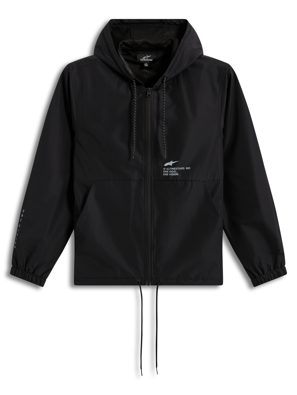 Black Alpinestars Speeder Resolve Windbreaker Jacket, lightweight hooded sportswear with a front zipper and chest logo.