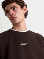 Alpinestars Guise Oversized Crew, Nahaufnahme eines braunen Sportswear-Fleece-Pullovers am Modell, Herren-Sweatshirt mit Rundhalsausschnitt, besticktem Astars-Wortlogo und Rippkragen.