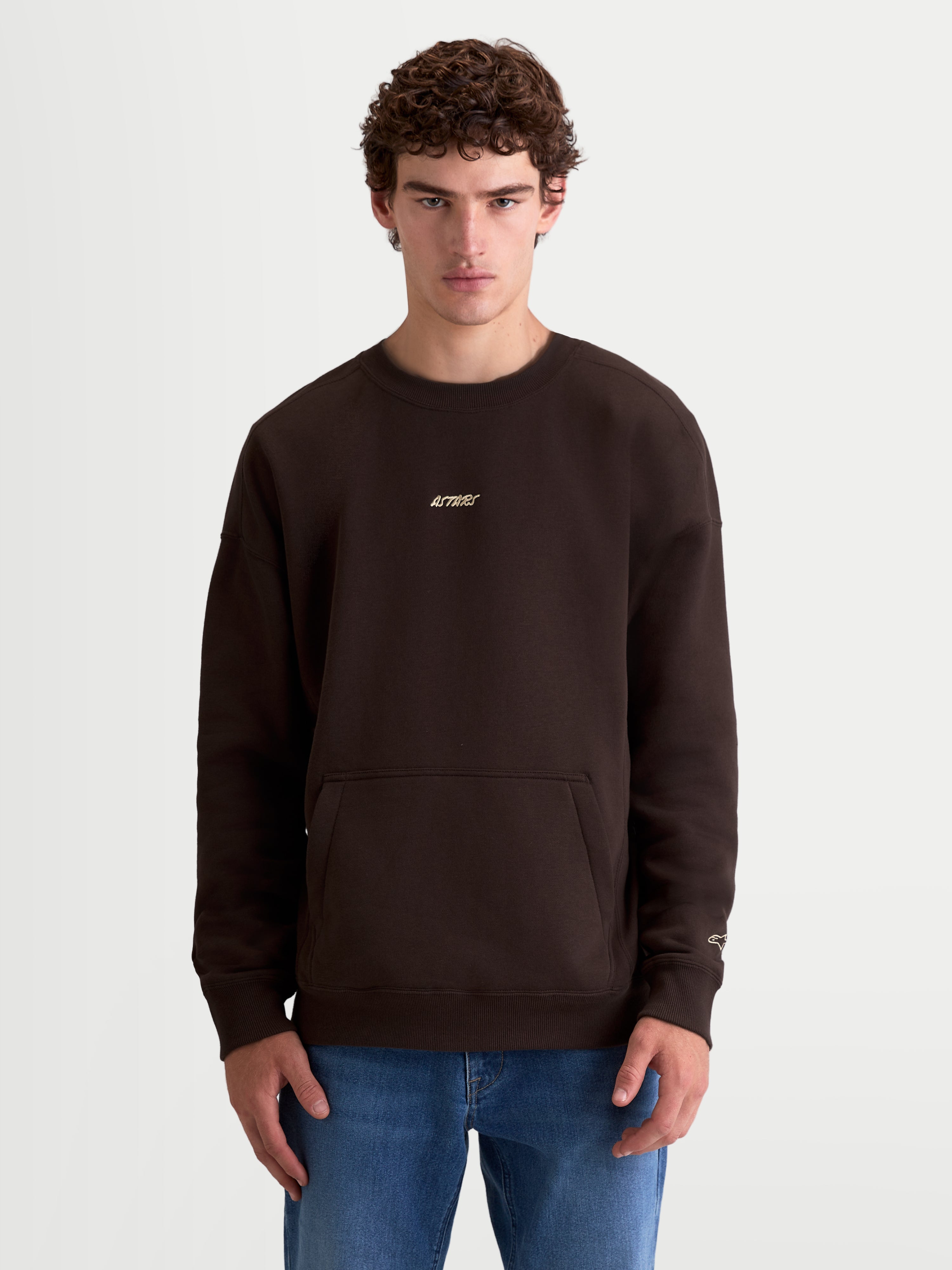 Alpinestars Guise Oversized Crew, brauner Fleece-Pullover für den Alltag, entspannte Oversized-Passform an Model gezeigt, Braun, Baumwolle und recyceltes Polyester, mit Kängurutasche und gesticktem Alpinestars-Logo auf der Brust und am Ärmel für einen vom Motorsport inspirierten Look.