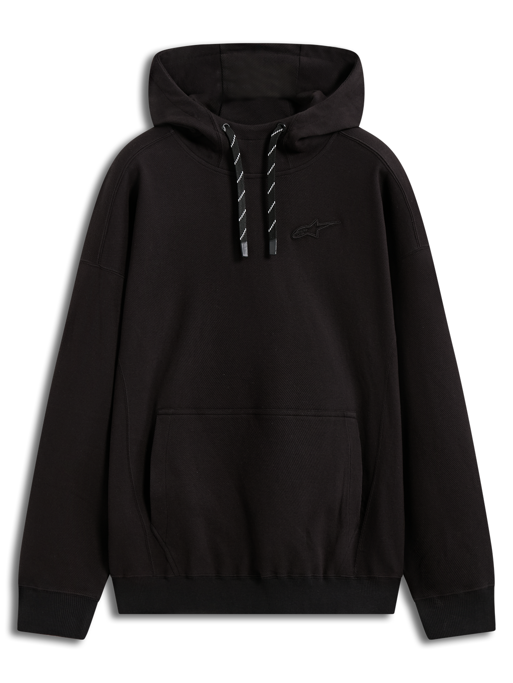 Alpinestars Camino Textured Oversized Hoodie, schwarzer Kapuzenpullover aus strukturiertem Twill-Fleece mit 3D-Logo, Kängurutasche und hohen Kragen, Motorsport-Lifestyle-Sportswear