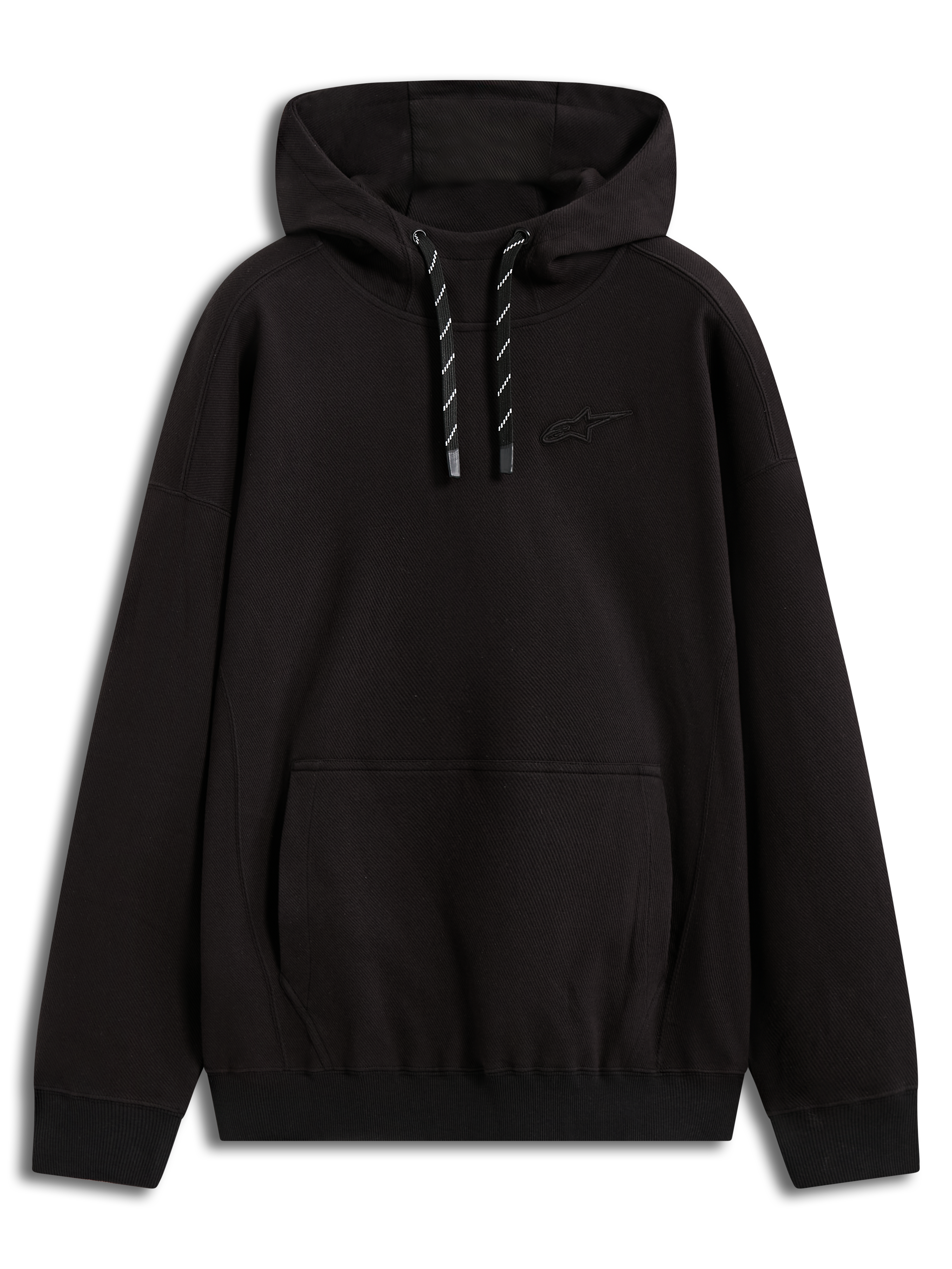 Alpinestars Camino Textured Oversized Hoodie, schwarzer Kapuzenpullover aus strukturiertem Twill-Fleece mit 3D-Logo, Kängurutasche und hohen Kragen, Motorsport-Lifestyle-Sportswear