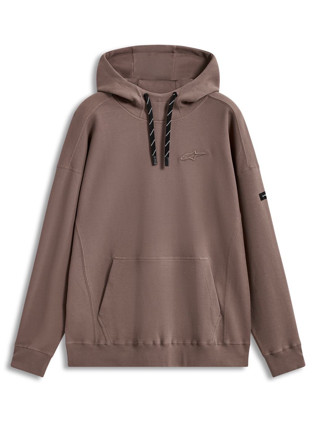 Alpinestars Camino Textured Oversized Hoodie, strukturierter Kapuzenpullover in Sand-Taupe, hoher Kragen, 3D-Astars-Logo und Kängurutasche, lässige Sportswear aus Stricktwill.
