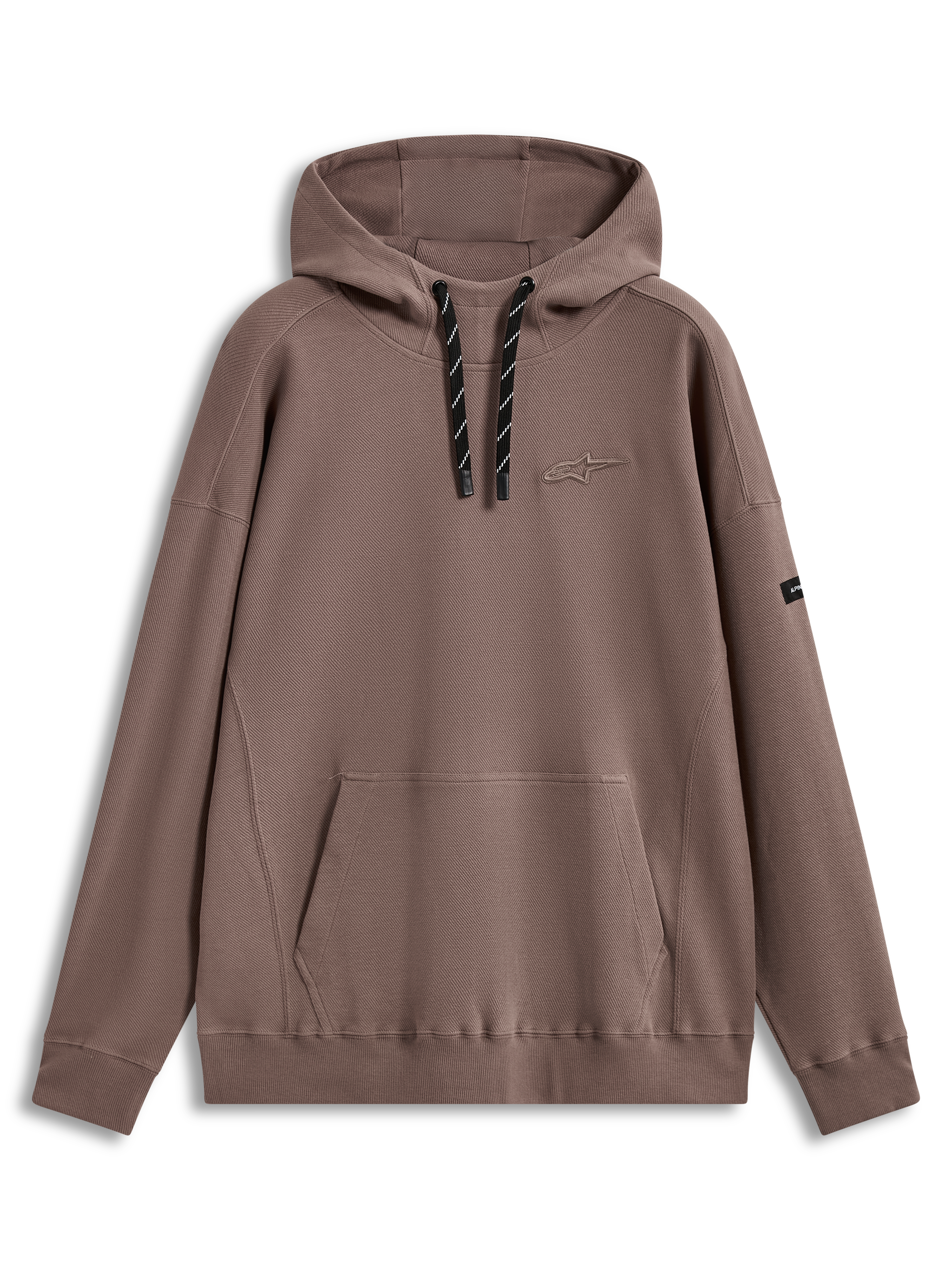 Alpinestars Camino Textured Oversized Hoodie, strukturierter Kapuzenpullover in Sand-Taupe, hoher Kragen, 3D-Astars-Logo und Kängurutasche, lässige Sportswear aus Stricktwill.