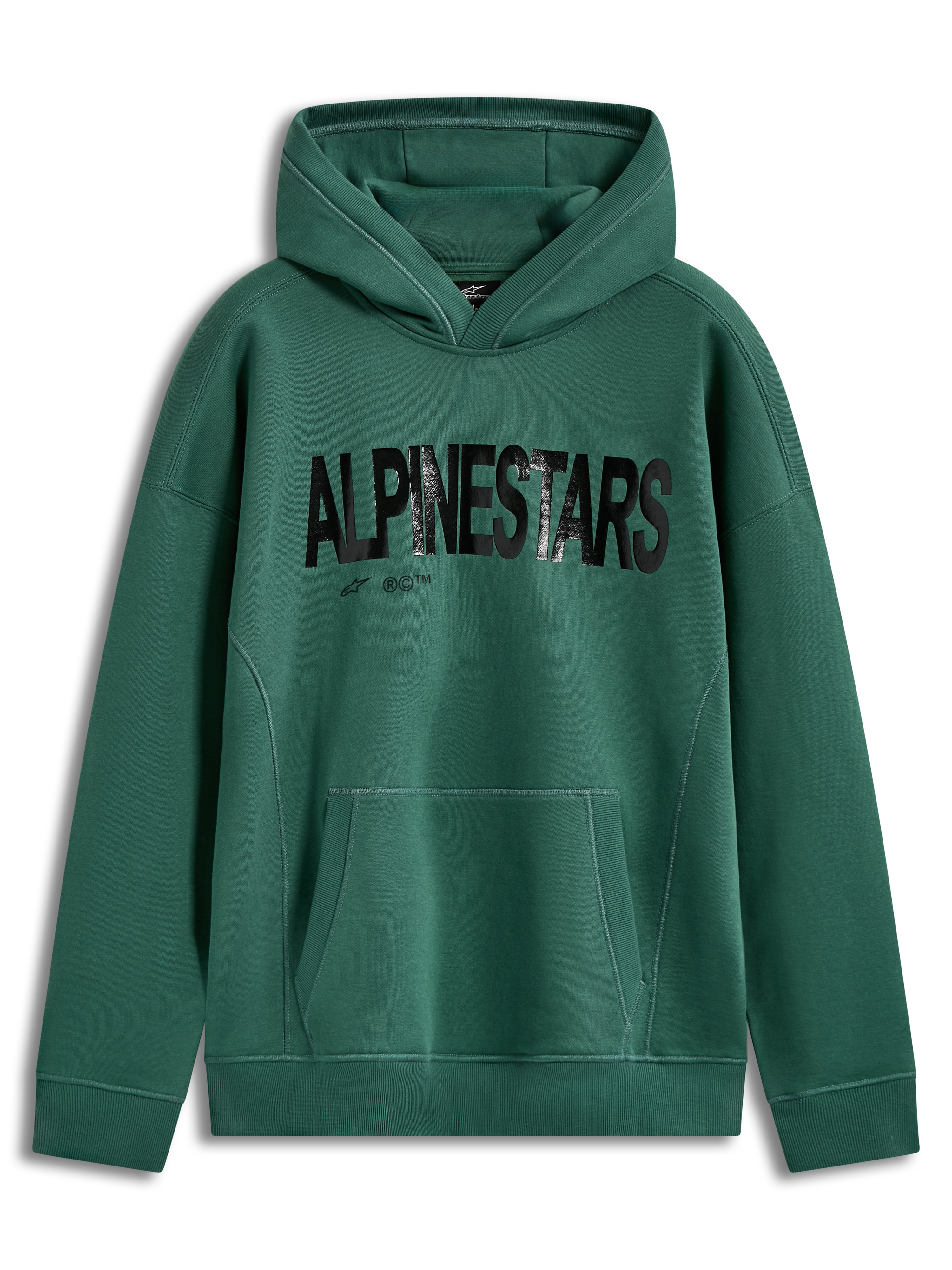Alpinestars Shaw Oversized Hoodie in Green, unisex sportswear fleece featuring a black textured word logo and kangaroo pocket.