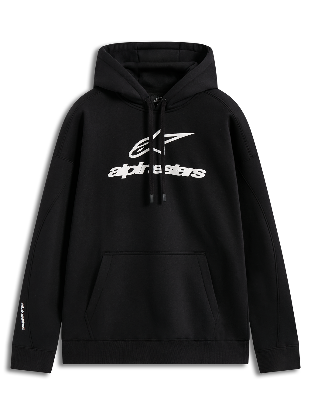 Alpinestars Prelude Oversized Hoodie, Kapuzenjacke aus schwarzem Fleece, weißes Puff-Druck-Logo und Kängurutasche.
