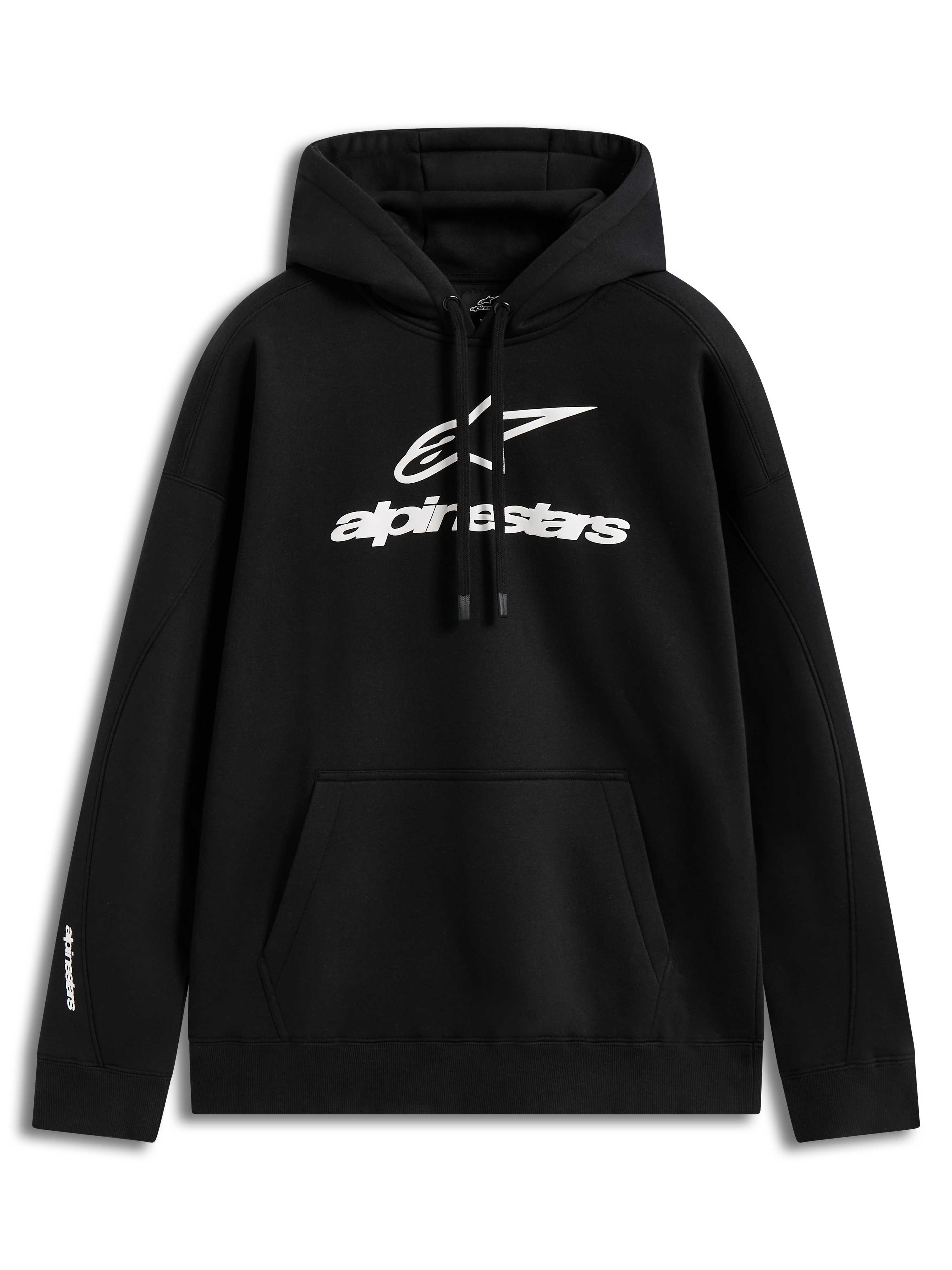 Alpinestars Prelude Oversized Hoodie, Kapuzenjacke aus schwarzem Fleece, weißes Puff-Druck-Logo und Kängurutasche.