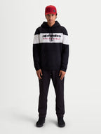 Alpinestars Cubic Hoodie, Sportswear Pullover Fleece for Men, Black and White, featuring a color-blocked chest with bold Alpinestars Racing Ahead logo, comfortable cotton blend for casual off-bike style.