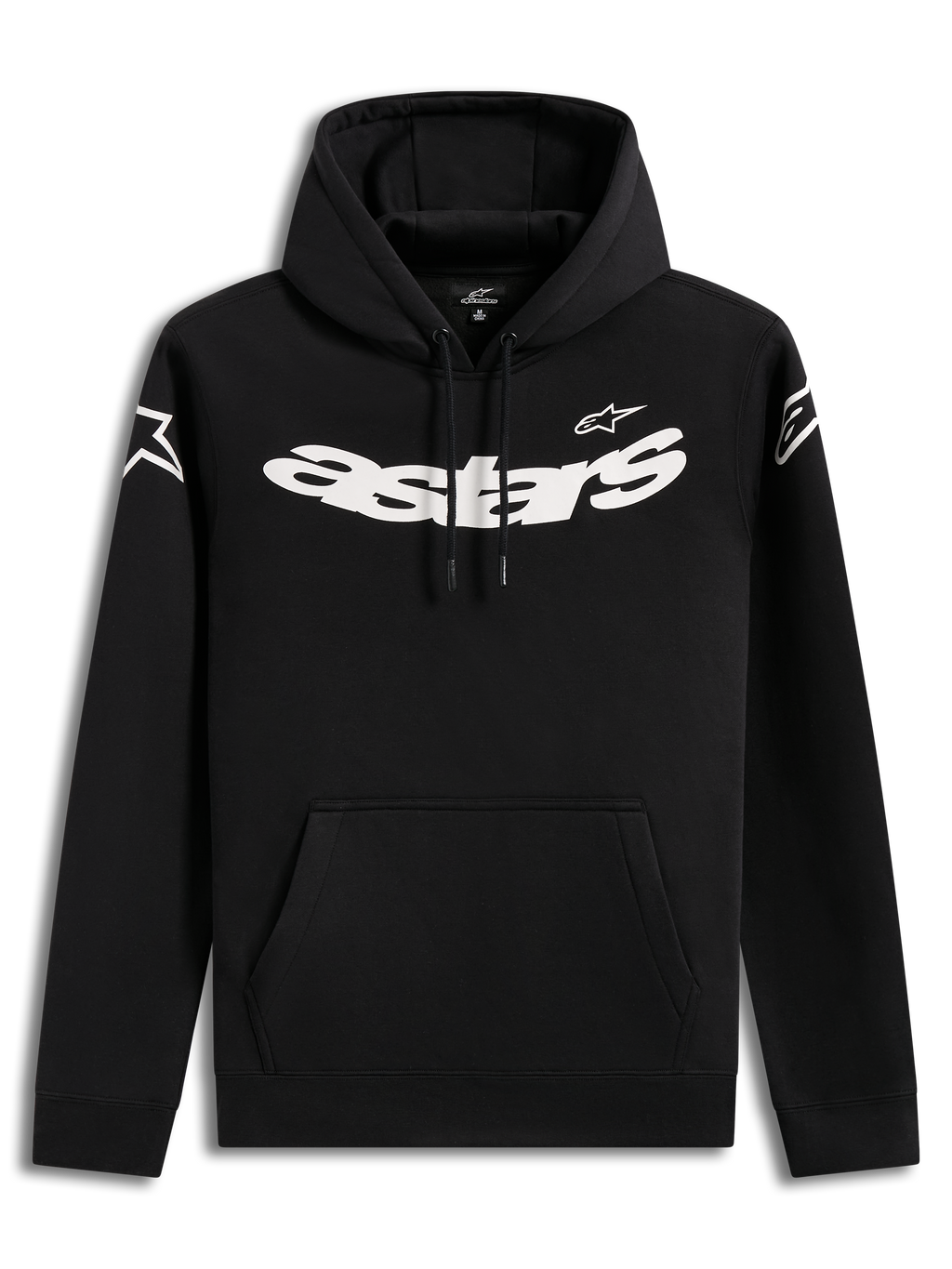 Alpinestars Velocifier Hoodie, schwarzer Lifestyle-Kapuzenpullover mit auffälliger weißer astars-Grafik auf der Brust, Kängurutasche und Ärmellogos, lässige Motorsport-Streetwear