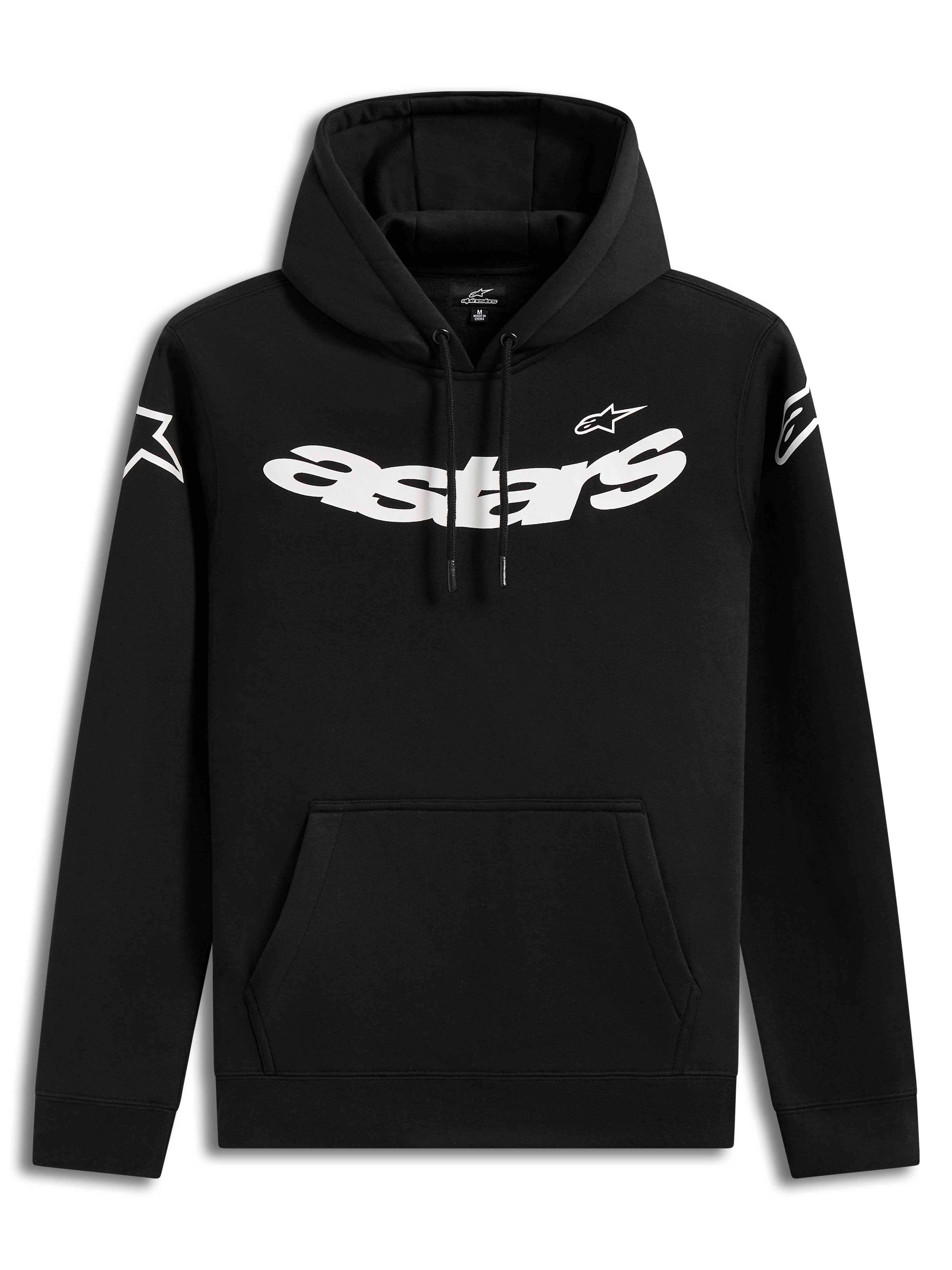 Alpinestars Velocifier Hoodie, schwarzer Lifestyle-Kapuzenpullover mit auffälliger weißer astars-Grafik auf der Brust, Kängurutasche und Ärmellogos, lässige Motorsport-Streetwear