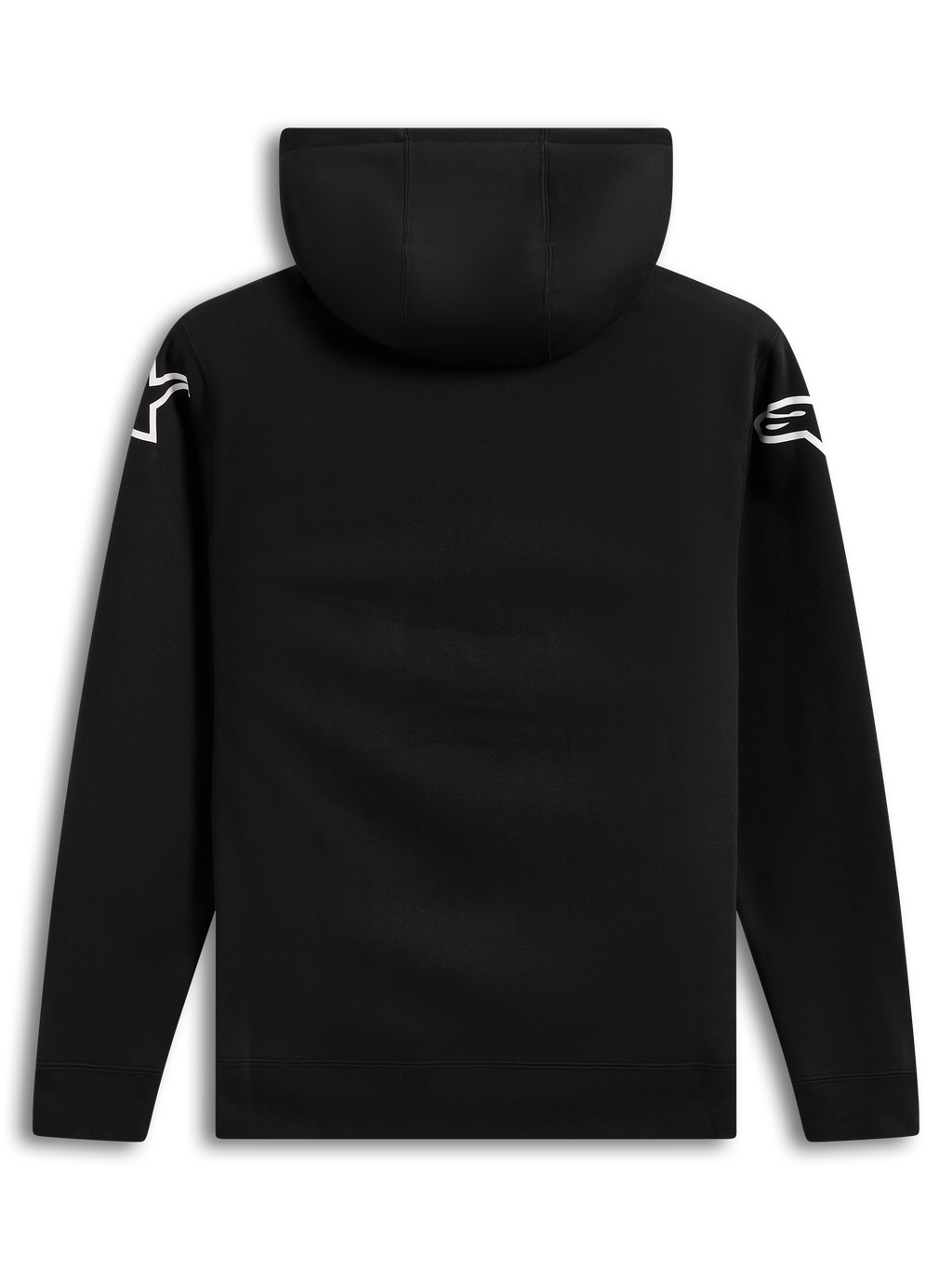 Alpinestars Velocifier Hoodie, schwarze Kapuzenjacke aus Baumwollmischung, Rückansicht mit weißen Astars-Logos an den Schultern, lässige Lifestyle-Motorsportbekleidung