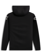 Alpinestars Velocifier Hoodie, schwarze Kapuzenjacke aus Baumwollmischung, Rückansicht mit weißen Astars-Logos an den Schultern, lässige Lifestyle-Motorsportbekleidung