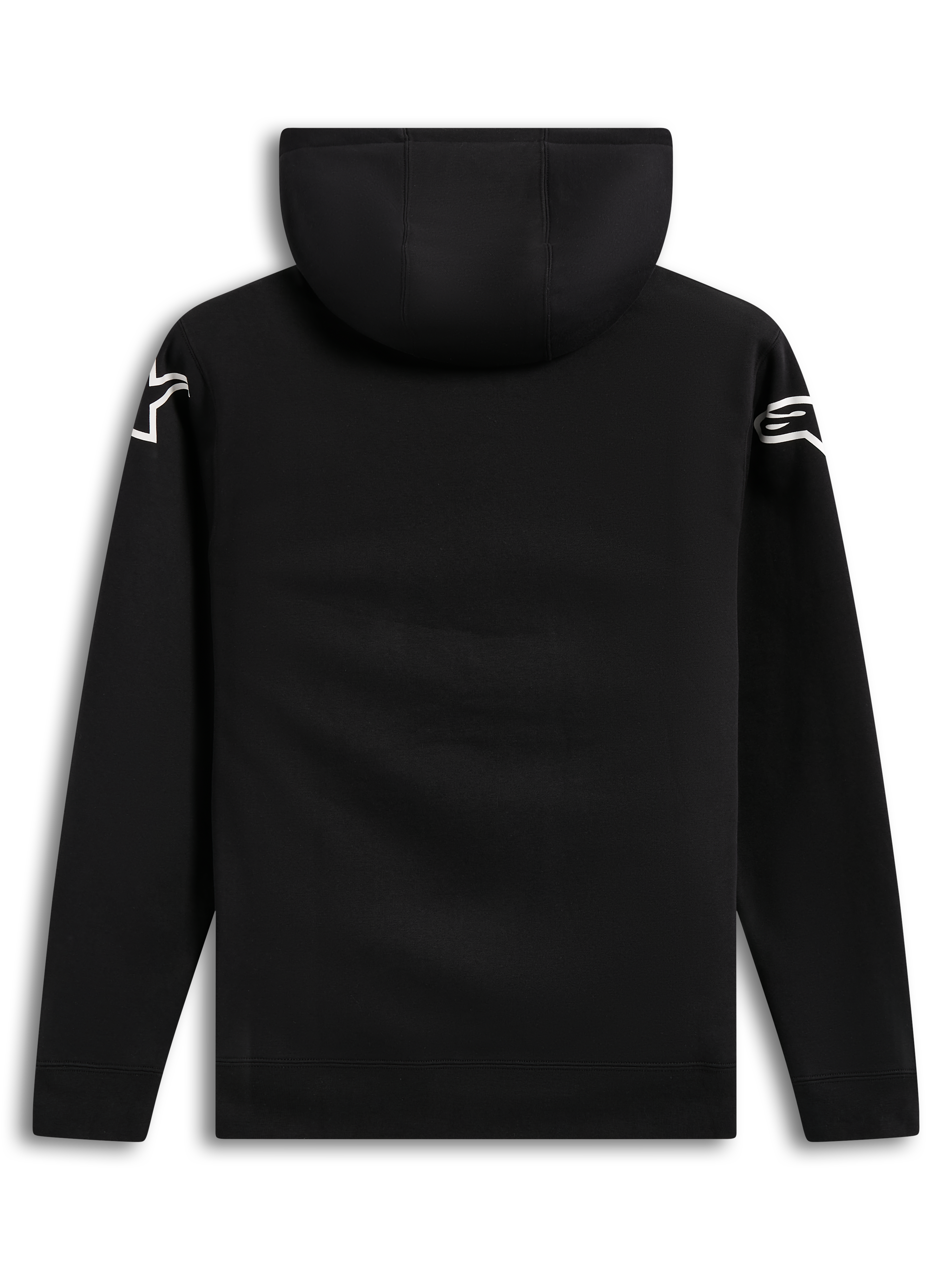 Alpinestars Velocifier Hoodie, schwarze Kapuzenjacke aus Baumwollmischung, Rückansicht mit weißen Astars-Logos an den Schultern, lässige Lifestyle-Motorsportbekleidung