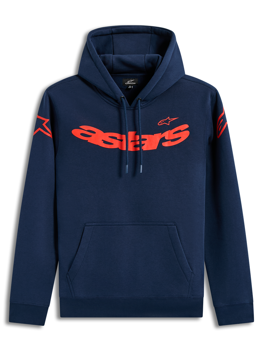 Alpinestars Velocifier Hoodie, dunkelblauer Sportswear-Kapuzenpullover aus Fleece mit rotem Astars-Schriftzug und Schulter-Logos.