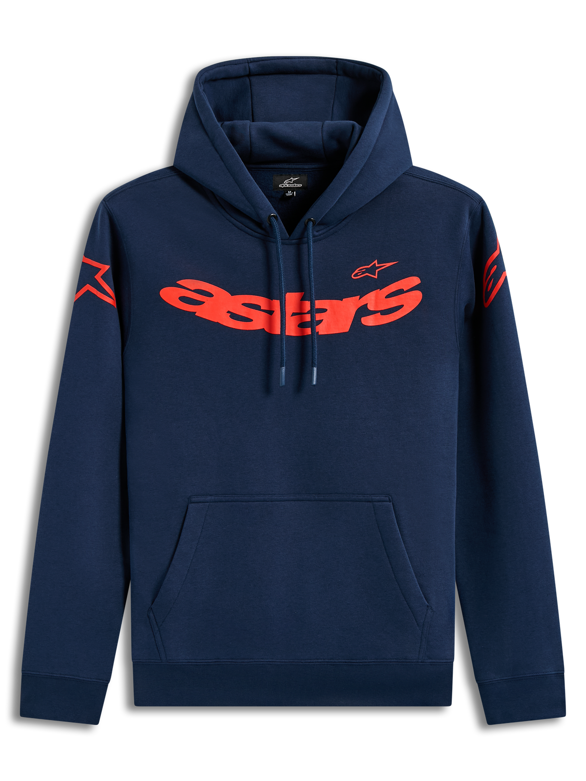 Alpinestars Velocifier Hoodie, navy blue and red sportswear fleece with curved branding and shoulder logos.