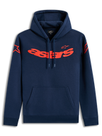 Alpinestars Velocifier Hoodie, dunkelblauer Sportswear-Kapuzenpullover aus Fleece mit rotem Astars-Schriftzug und Schulter-Logos.