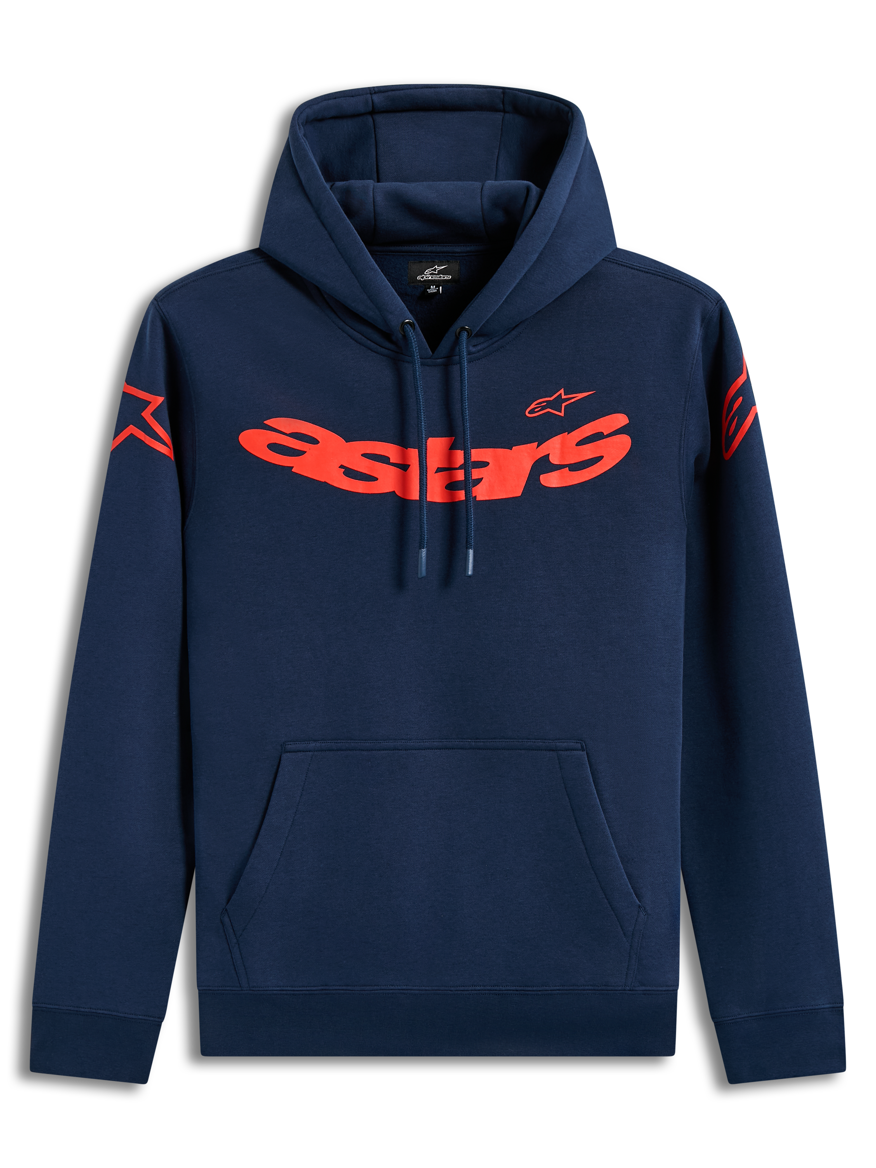 Alpinestars Velocifier Hoodie, dunkelblauer Sportswear-Kapuzenpullover aus Fleece mit rotem Astars-Schriftzug und Schulter-Logos.