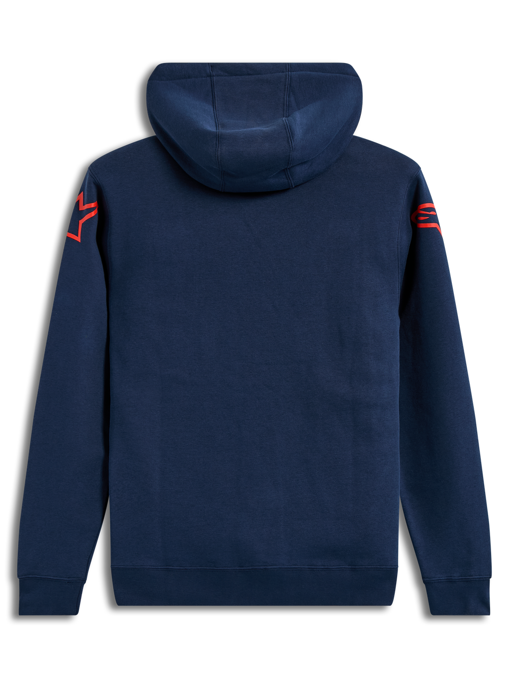 Alpinestars Velocifier Hoodie, dunkelblauer Kapuzenpullover aus Fleece mit roten Astars-Logos an den Schultern, Rückansicht.