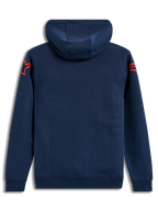 Alpinestars Velocifier Hoodie, dunkelblauer Kapuzenpullover aus Fleece mit roten Astars-Logos an den Schultern, Rückansicht.