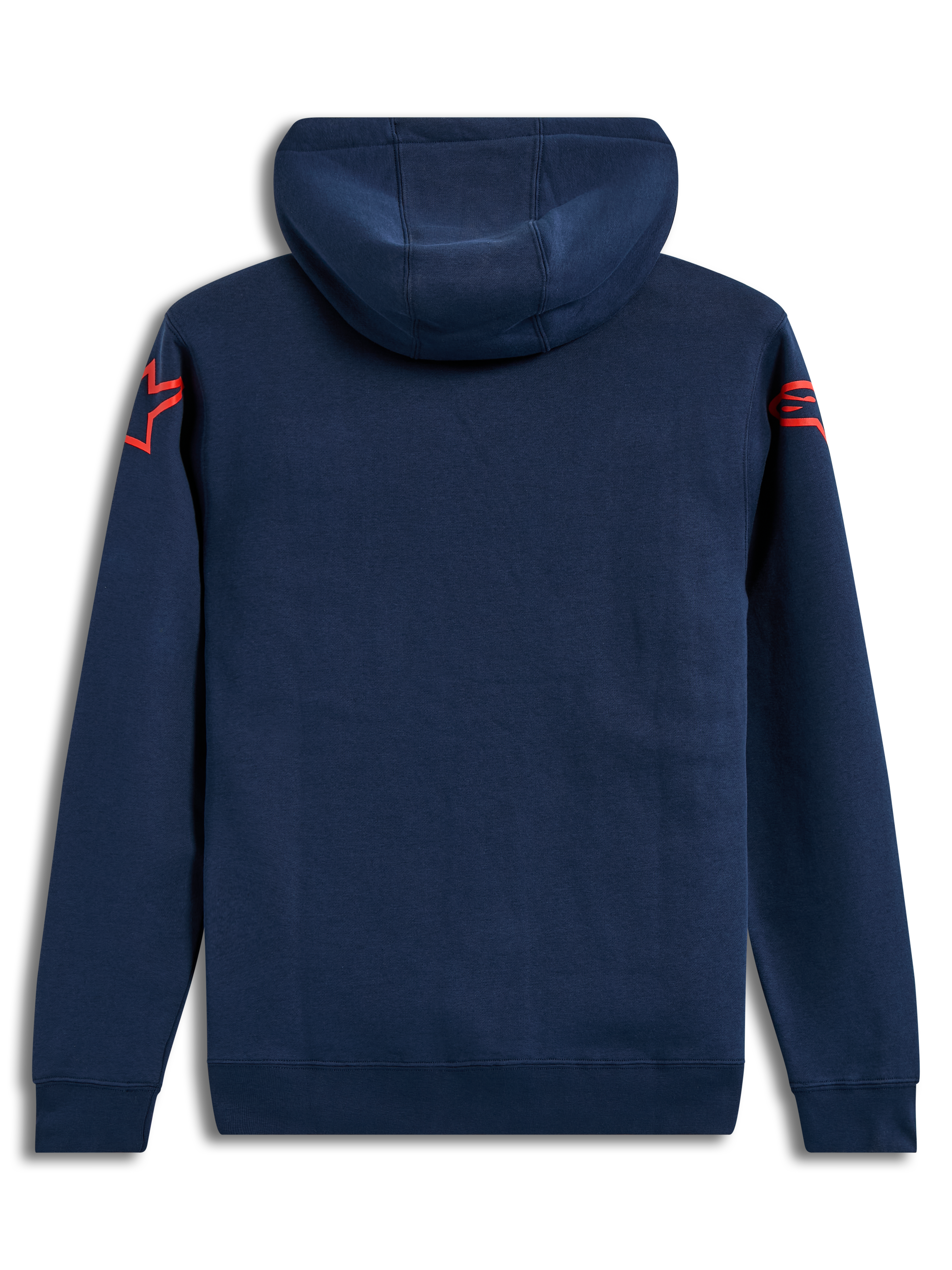 Alpinestars Velocifier Hoodie, dunkelblauer Kapuzenpullover aus Fleece mit roten Astars-Logos an den Schultern, Rückansicht.
