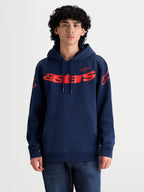 Alpinestars Velocifier Hoodie, Sportswear-Kapuzenpullover für Herren, Marineblau und Rot, mit markantem Astars-Branding auf der Brust und Logos an den Schultern, weiches Baumwollmisch-Fleece mit Kängurutasche und Kapuze mit Kordelzug.
