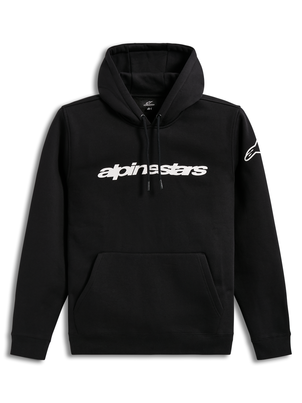 Alpinestars Race Wordmark Hoodie, Kapuzenpullover aus Fleece in Schwarz und Weiß, mit linearem Brust-Logo und Ärmel-Branding.
