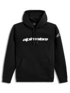 Alpinestars Race Wordmark Hoodie, Kapuzenpullover aus Fleece in Schwarz und Weiß, mit linearem Brust-Logo und Ärmel-Branding.