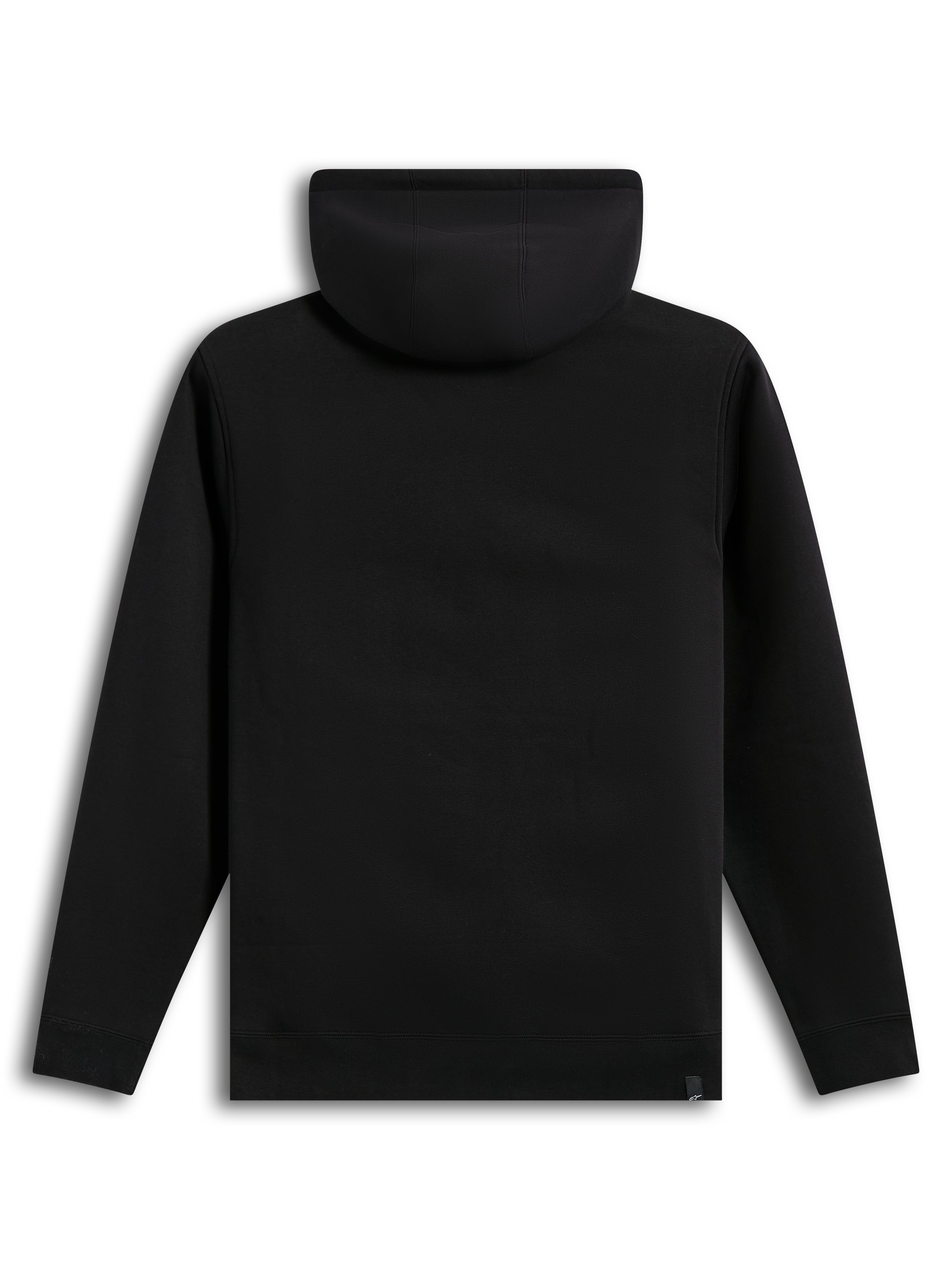 Alpinestars Race Wordmark Hoodie, schwarzer Fleece-Kapuzenpullover, Rückansicht mit Rippbündchen für Sportswear.