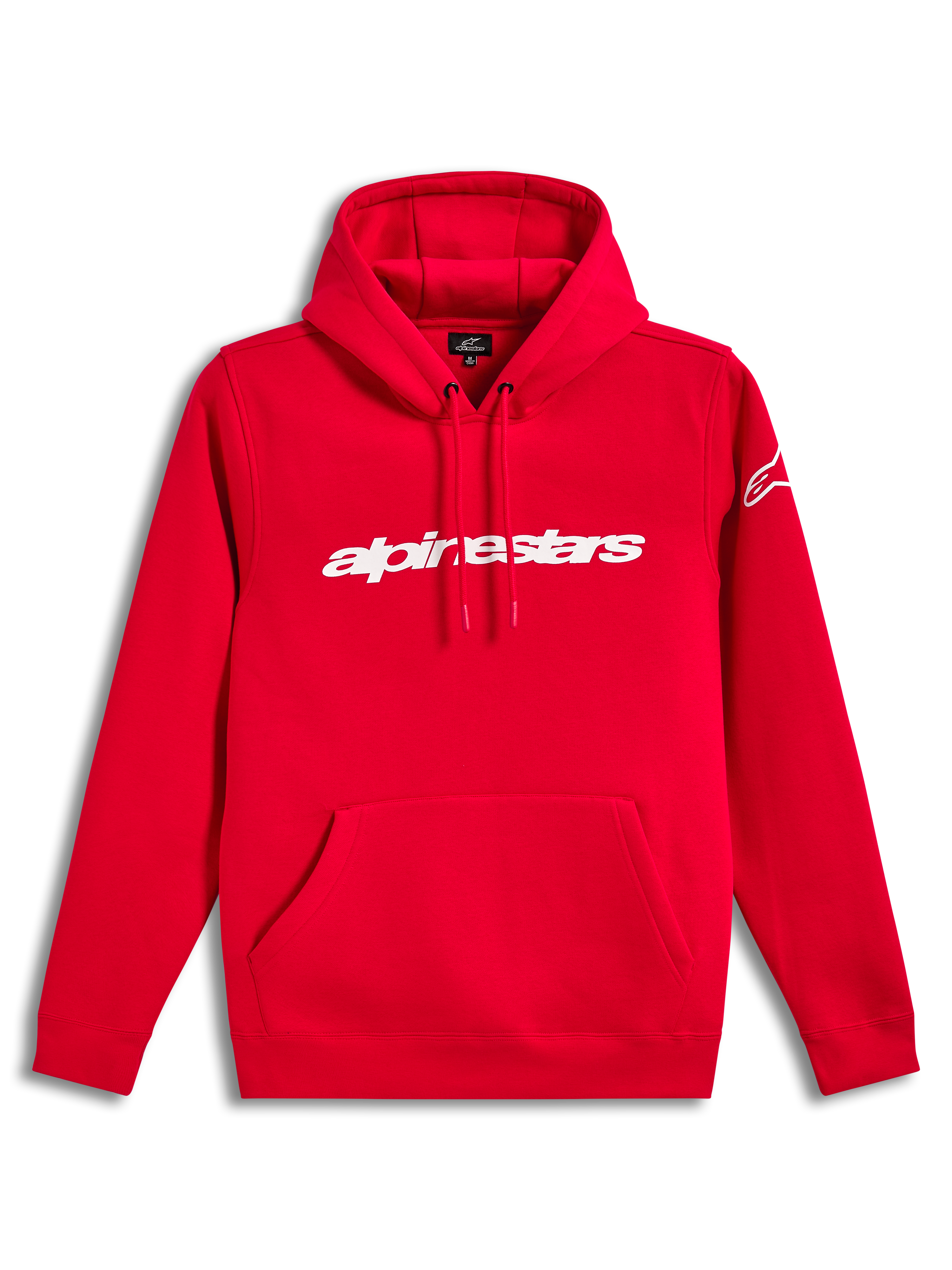 Alpinestars Race Wordmark Hoodie, roter Fleece-Kapuzenpullover mit weißem linearem Logo auf der Brust, Kapuze mit Kordelzug und Kängurutasche, Motorsport-Streetwear in Rot und Weiß.