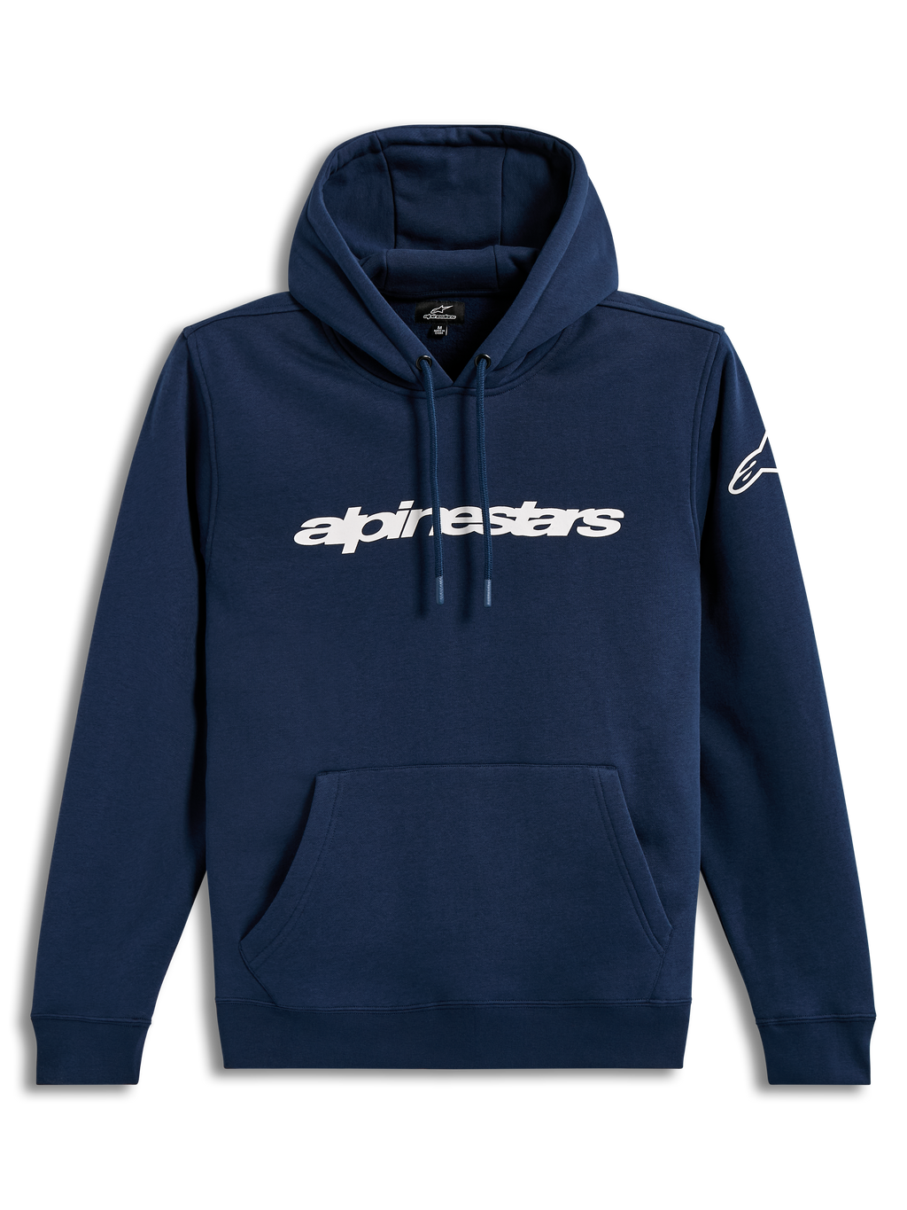 Alpinestars Race Wordmark Hoodie, Kapuzenpullover aus Fleece in Navyblau und Weiß, mit Front-Schriftzug und Ärmellogo.